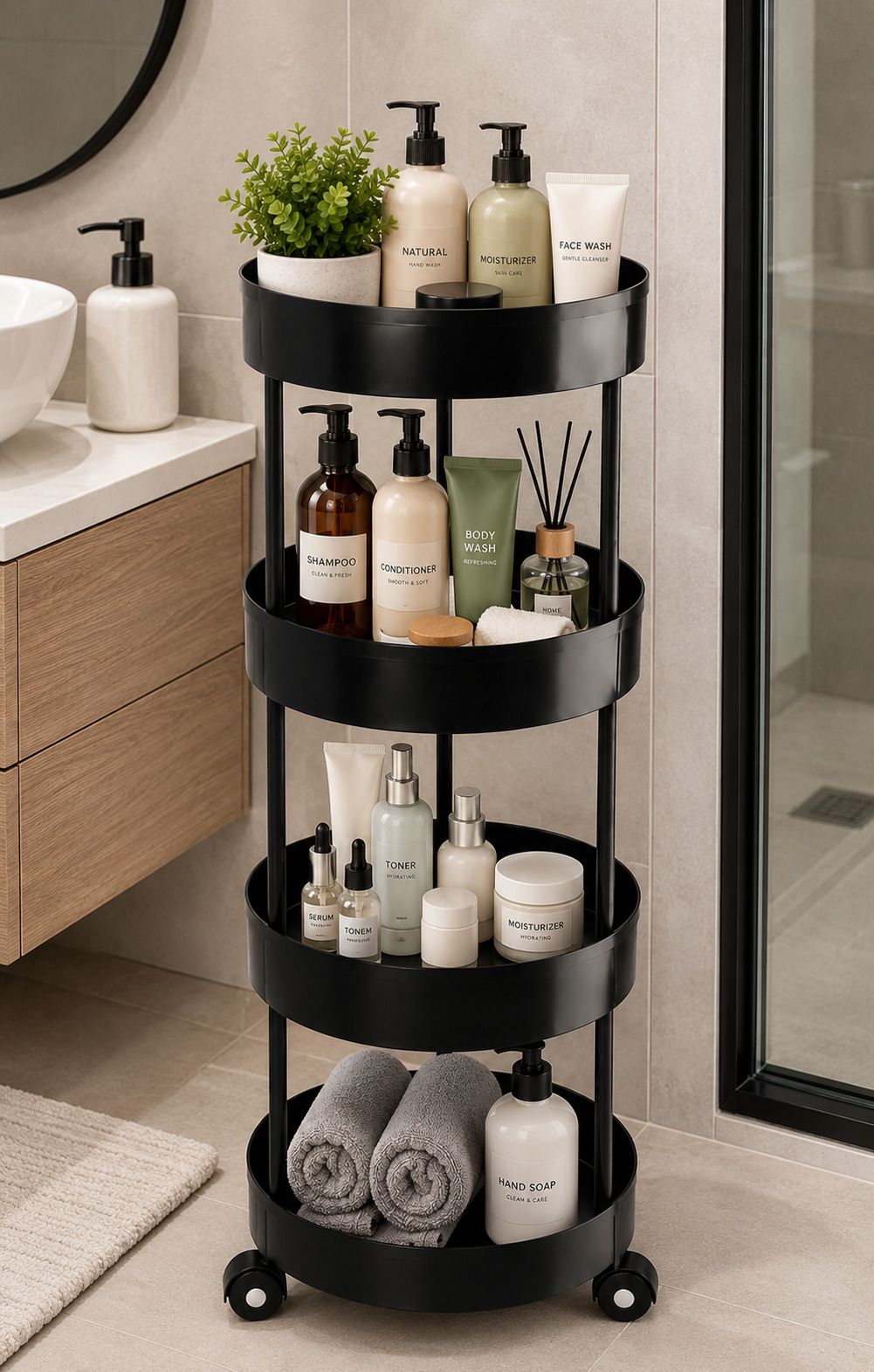 homanta 4 Tier Multipurpose Storage Trolley with 360° Wheels | Round Plastic Kitchen Trolley-picture-38