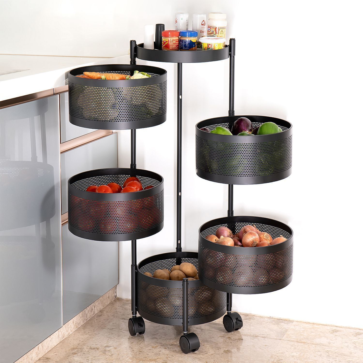 unique international 5 Layer Kitchen Trolley Storage Rack Round Design Fruits & Vegetable Basket Iron Kitchen Trolley-picture-37
