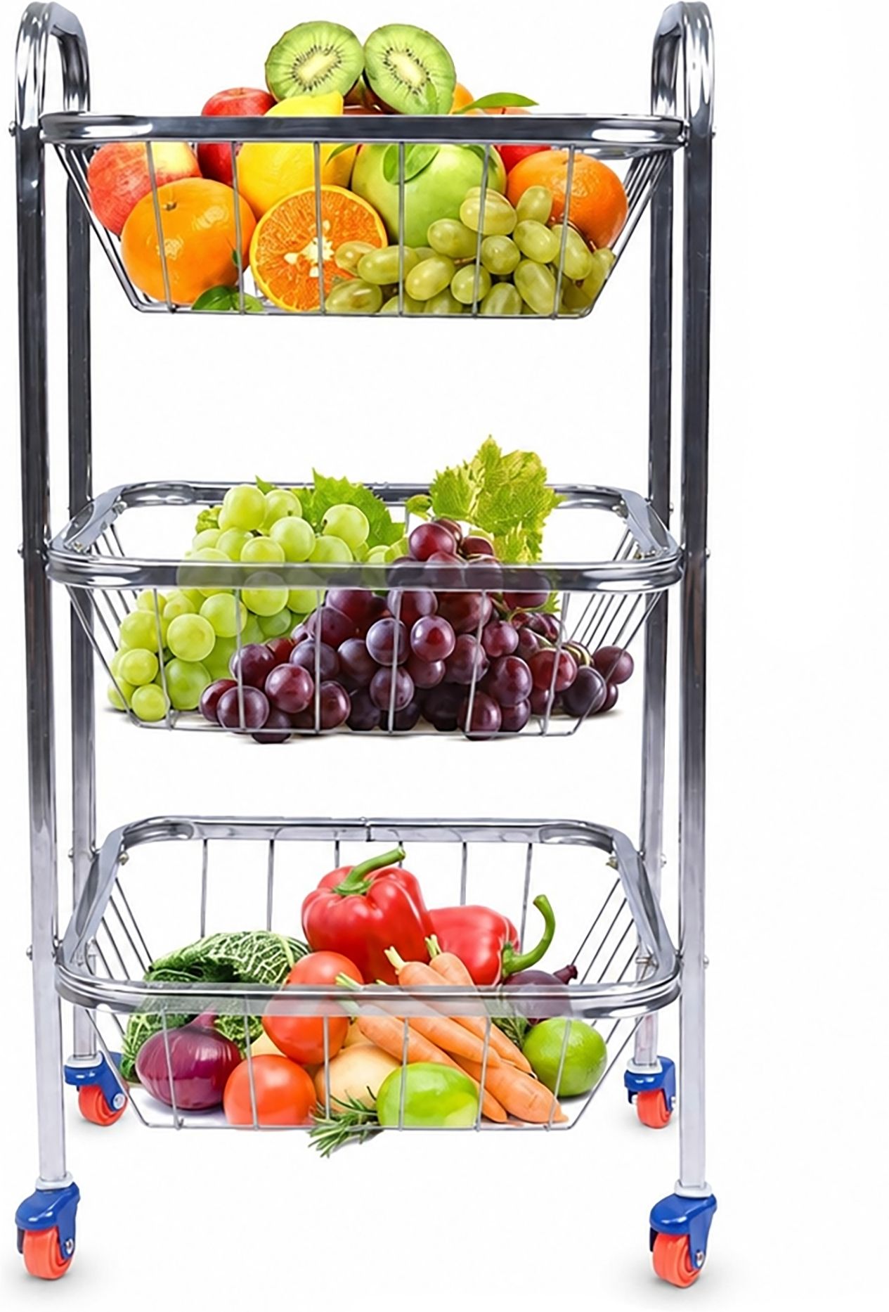 conex 3 Tier Stainless Steel Fruit & Vegetable Basket Trolley with 360° Wheels Stainless Steel Kitchen Trolley-picture-28