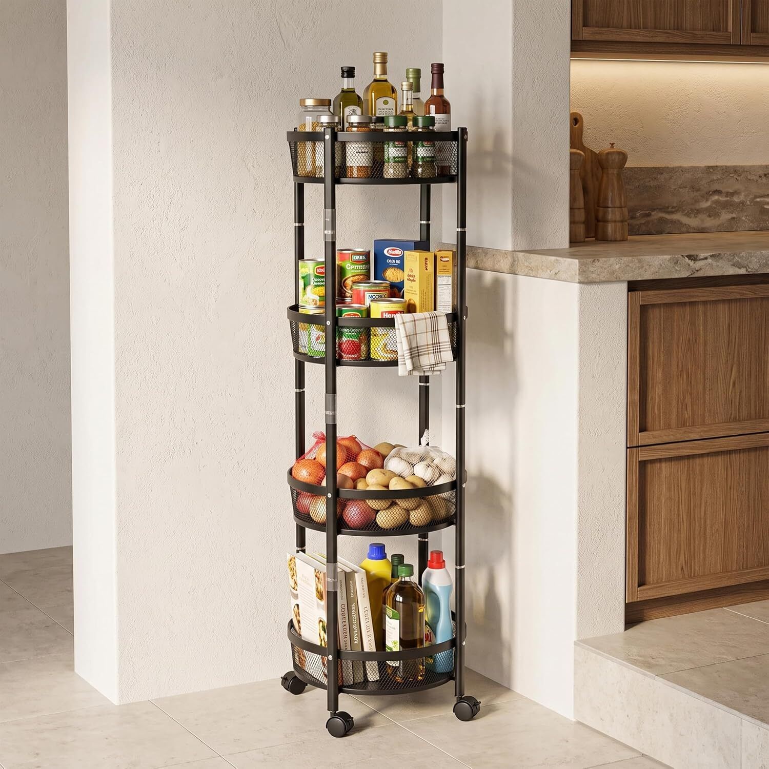 aloxe ventures 4 Tier Foldable Kitchen Trolley with Wheels, Mesh Basket Organizer Iron Kitchen Trolley-picture-32