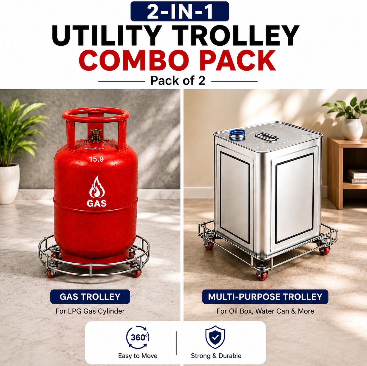 dhruveer Kitchen Trolley with 360° Wheels for Gas Cylinder Water Can and Containers Stainless Steel Kitchen Trolley-picture-39