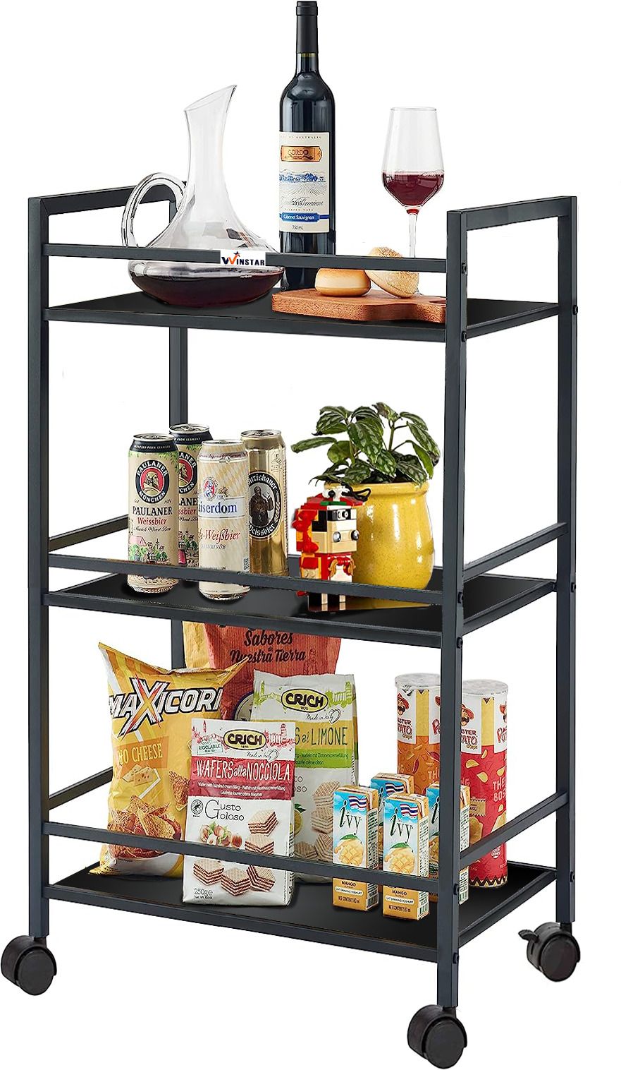 winstar 3-Tier Heavy Duty Metal Rolling Cart with Wheels | Black Color Iron Kitchen Trolley-picture-12