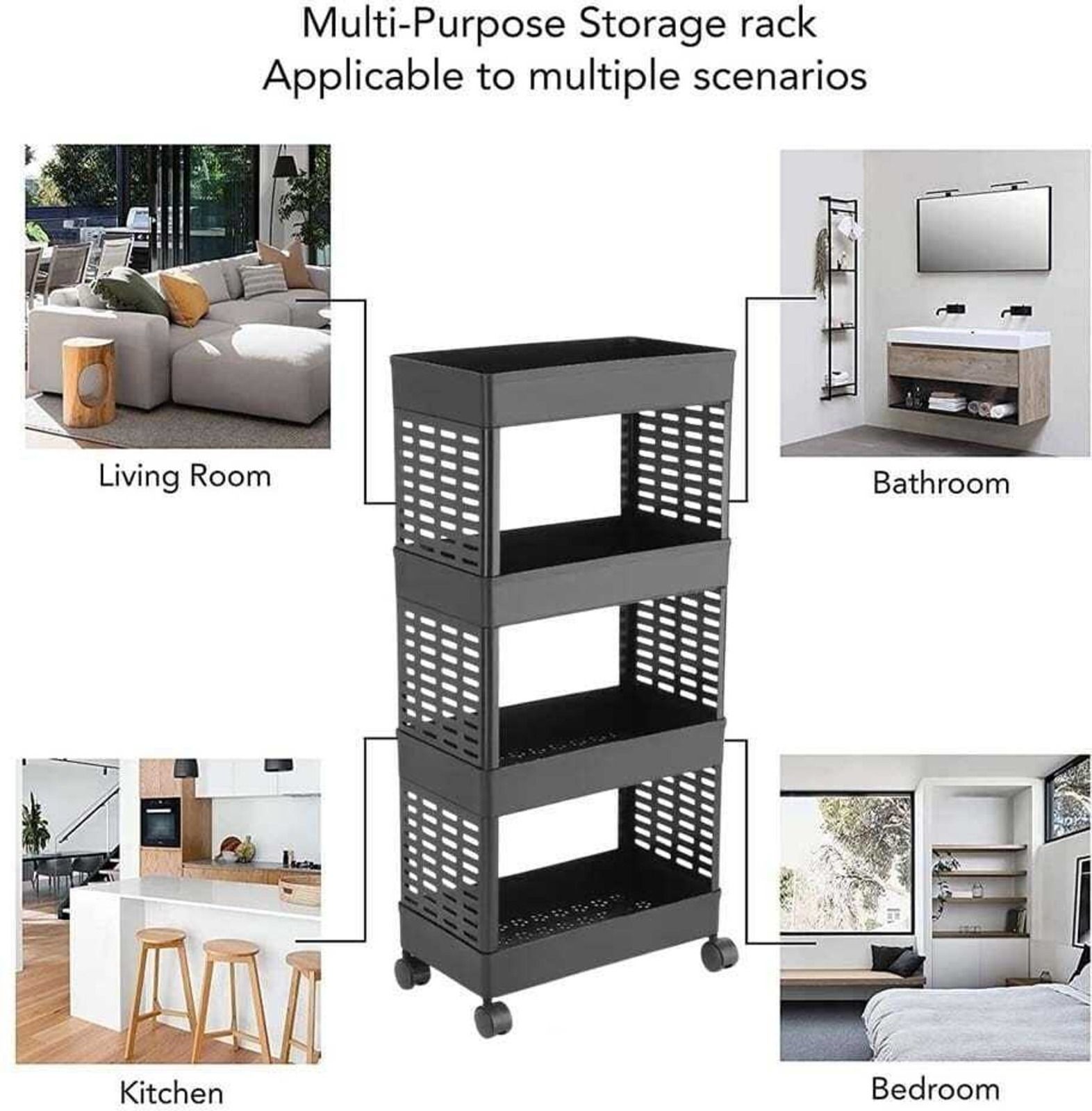 4 Compartments Household kitchen accessories (BLACK) Plastic Kitchen Trolley-image-6