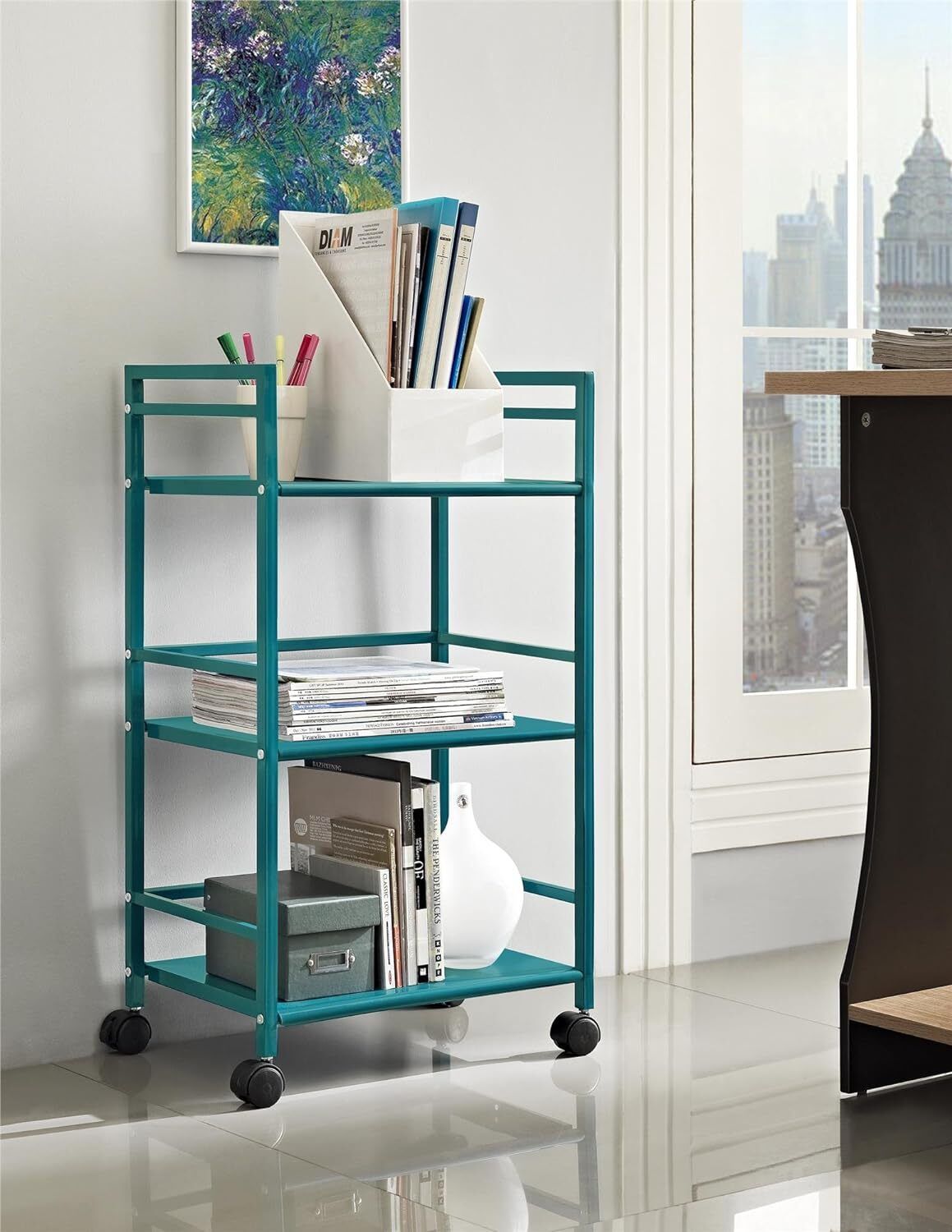 winstar 3-Tier Heavy Duty Metal Rolling Cart with Wheels | Teal Color Iron Kitchen Trolley-picture-11