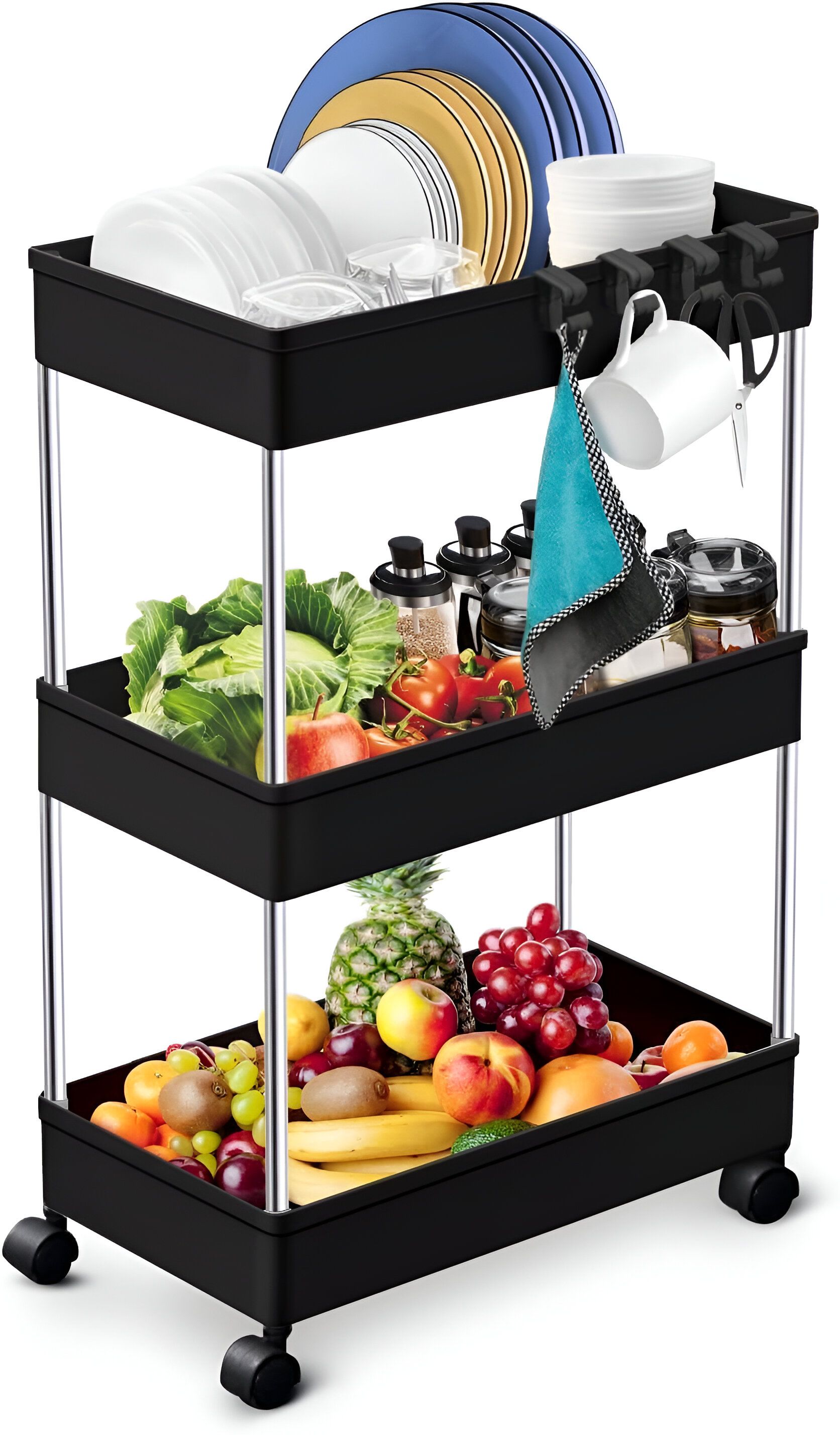 homanta Popular 3 Layer Plastic Portable Modern Plastic Fruit & Vegetable Basket Plastic, Steel Kitchen Trolley-picture-23
