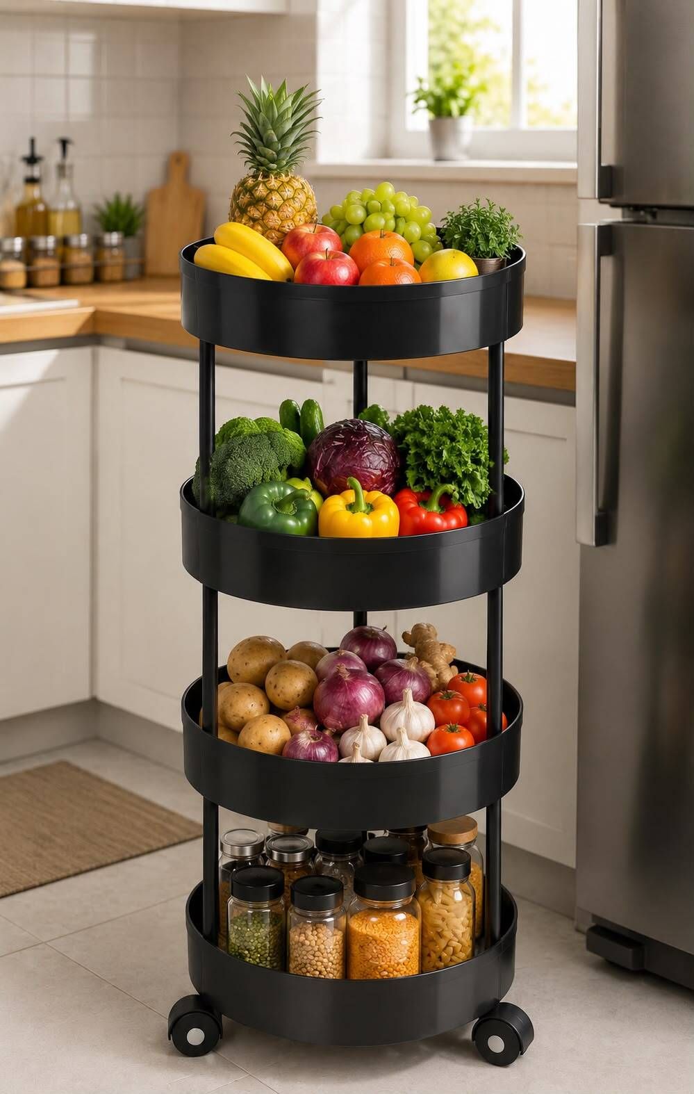 prikap enterprise 4-tier Multipurpose Plastic Fruit & Vegetable trolley with Wheels | Black Plastic Kitchen Trolley-picture-26