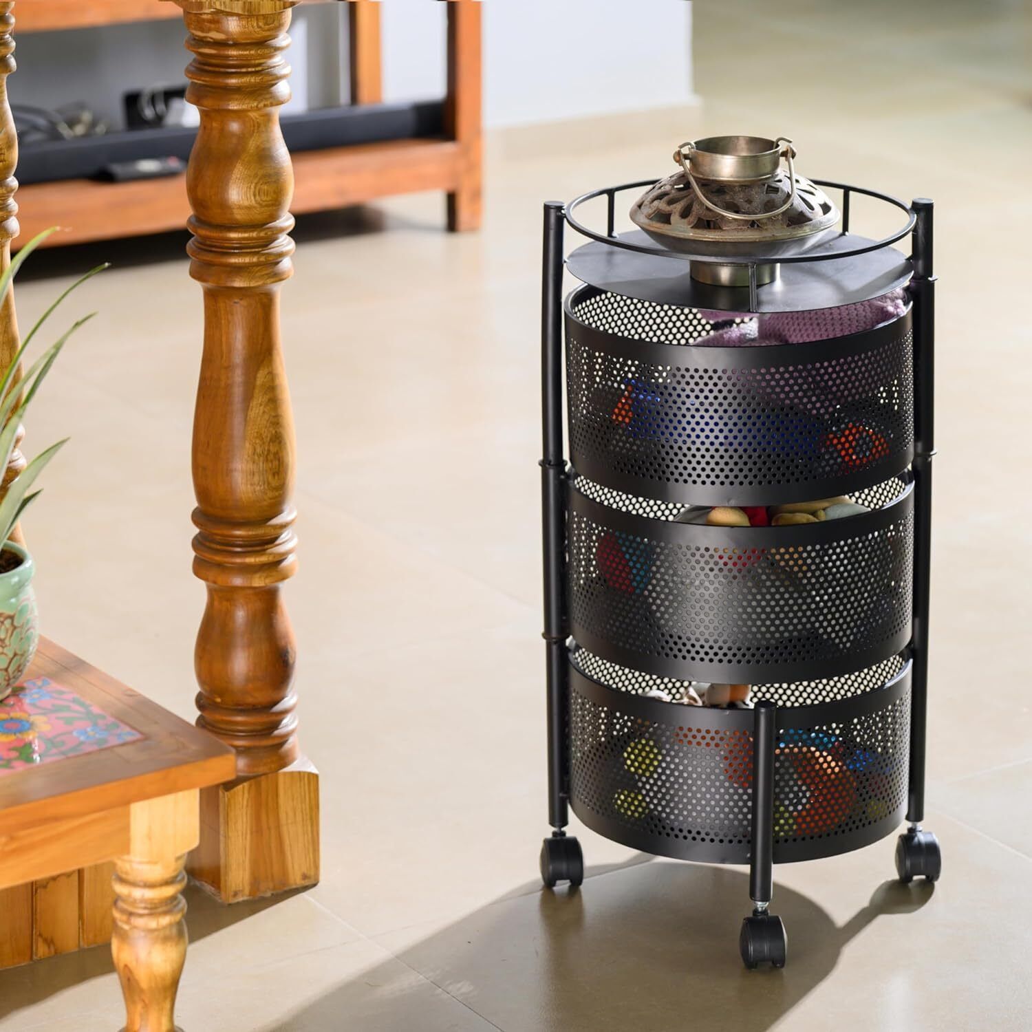 3 Layer Kitchen Trolley Storage Rack Round Design Fruits & Vegetable Basket Iron Kitchen Trolley