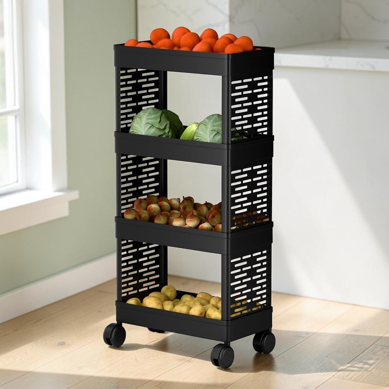 lixah 4 Layer Multipurpose Plastic Kitchen Storage Trolley Rack with Wheels Black Plastic Kitchen Trolley-picture-48