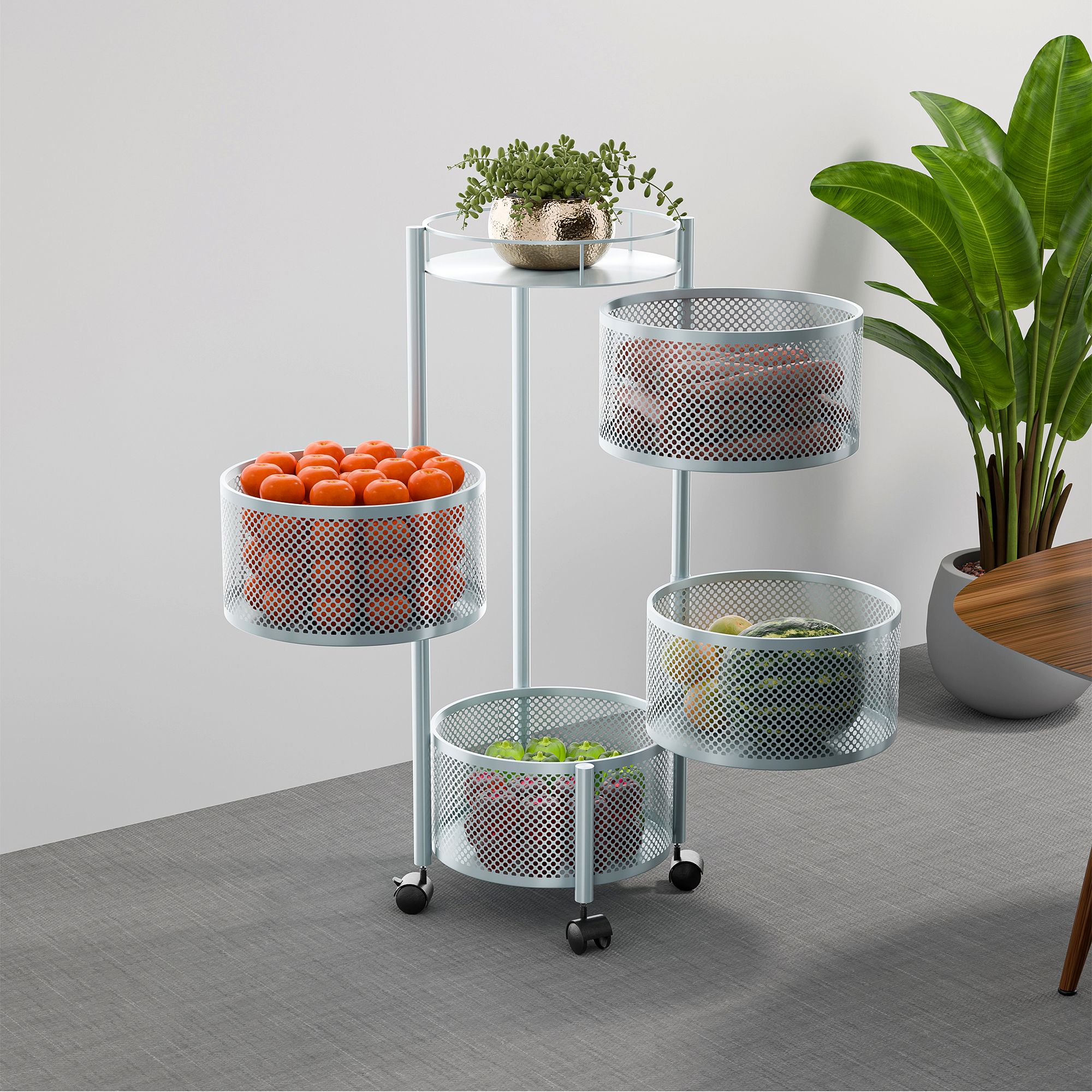 4-Tier Metal Round Kitchen Trolley with Wheels for Vegetables, Bathroom | Silver Iron Kitchen Trolley-image-25