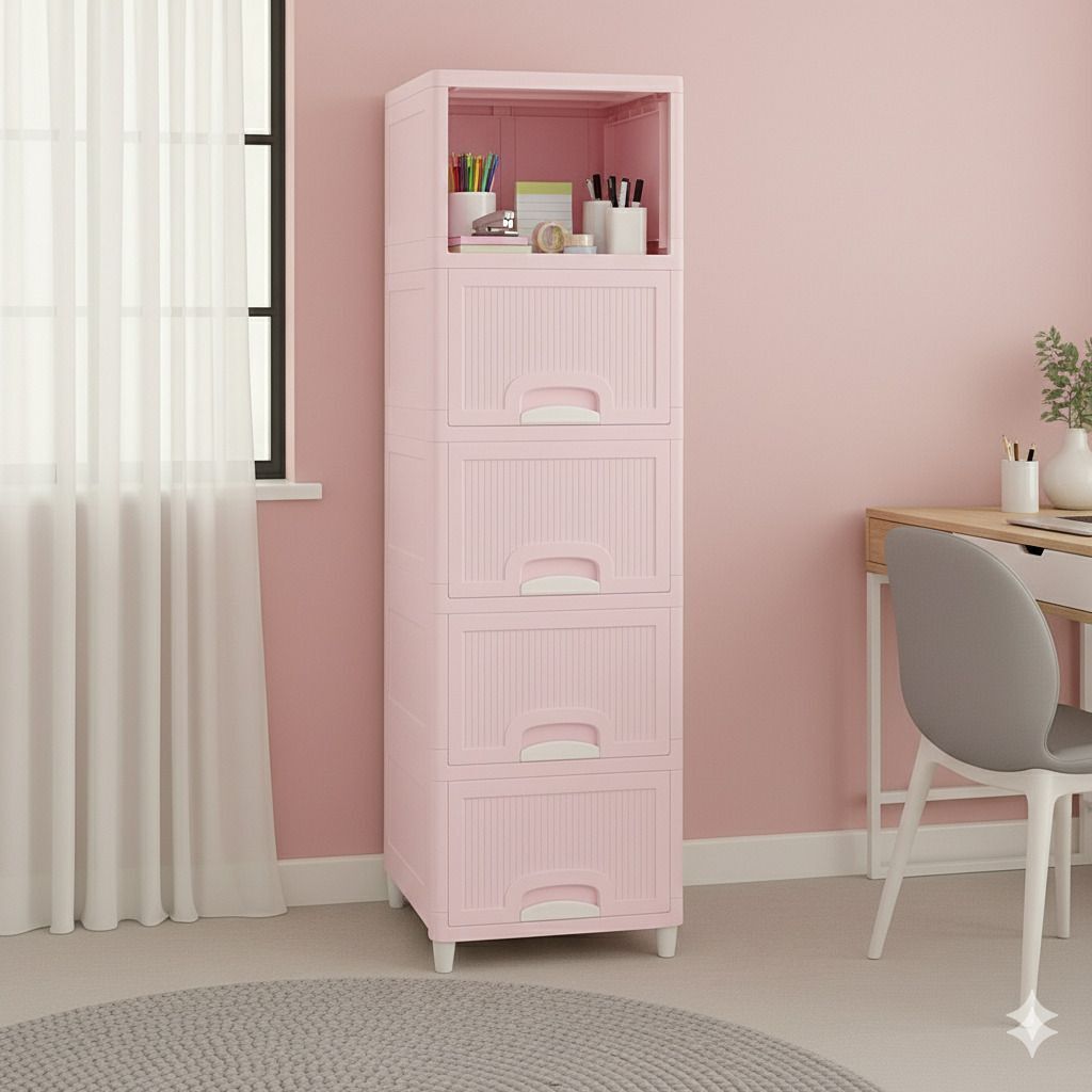 5 Layer Pink Compact Plastic Wardrobe Cabinet Plastic Kitchen Trolley-image-39