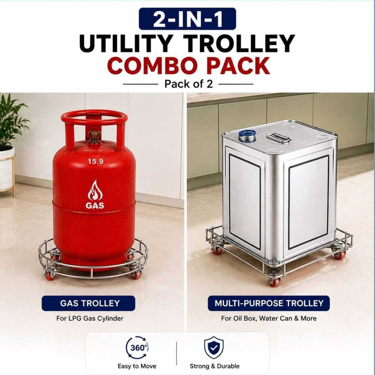 dhruveer Stainless Steel Kitchen Trolley with Wheels for Gas Cylinder and Water Can Stainless Steel Kitchen Trolley-picture-24