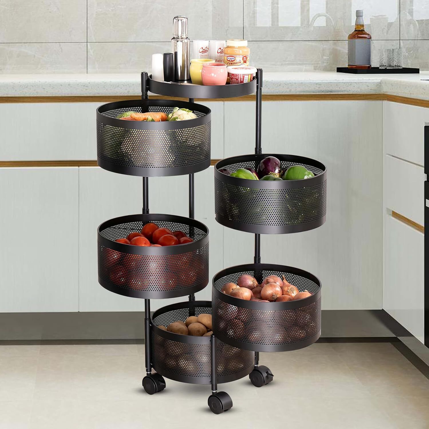 jd fresh Metal Round Kitchen Rotating Trolley/Vegetable Storage Rack/(05 Tier) Cast Iron Kitchen Trolley-picture-12
