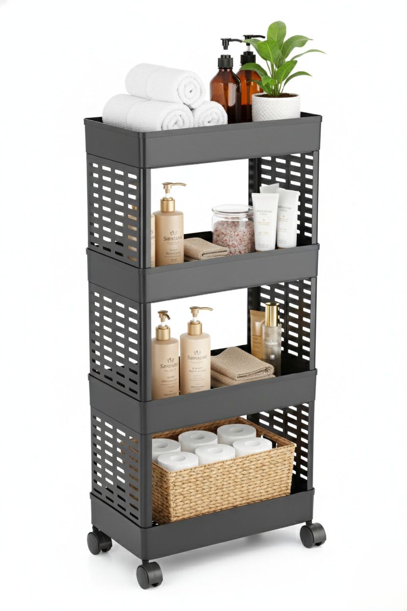 homanta 4 Tier Plastic Jali Storage Trolley with Wheels Easy to assemble Plastic Kitchen Trolley-picture-17