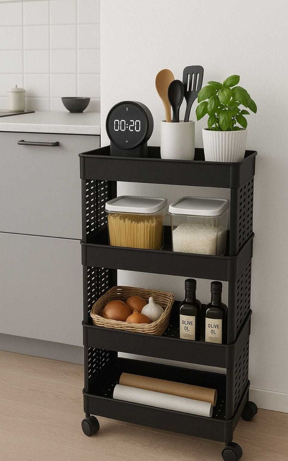 kitchvibe Kitchen Vegetable Trolley with Wheel (4 Layer, Black Color) Plastic Kitchen Trolley-picture-35
