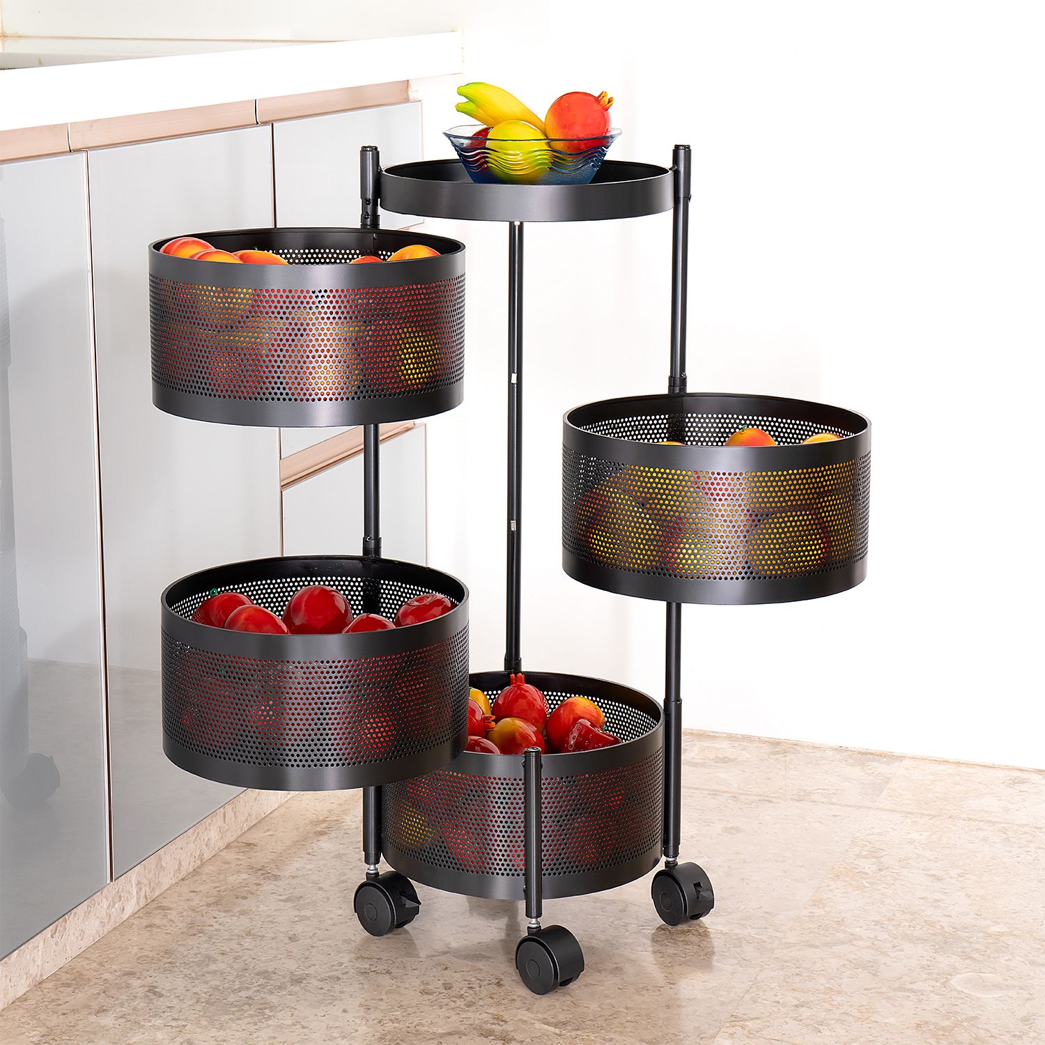4 Layer Kitchen Trolley Storage Rack Round Design Fruits & Vegetable Basket Iron Kitchen Trolley-image-42