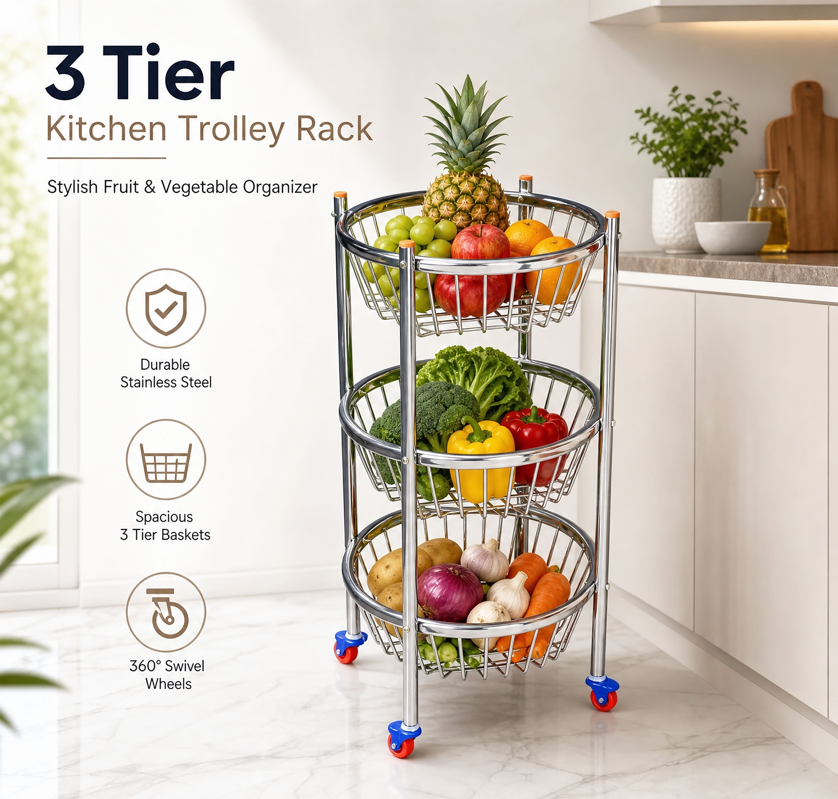 conex 3 Tier Stainless Steel Kitchen Trolley with 360° Wheels Vegetable Storage Basket Stainless Steel Kitchen Trolley-picture-17