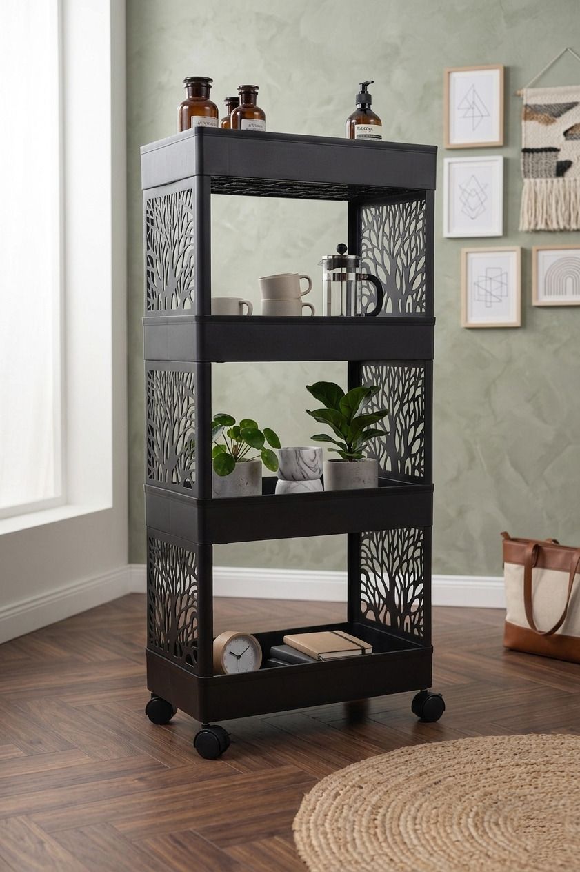 surety for safety Premium 4-Layer Slim Storage Trolley with Tree Pattern Side Panels Plastic Kitchen Trolley-picture-34