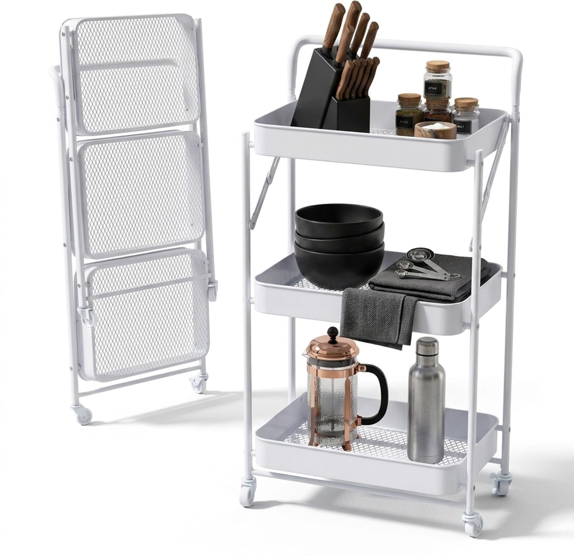 Multipurpose Foldable Kitchen Storage Trolley with Handle 3-Tier Utility Cart Carbon Steel Kitchen Trolley-image-2