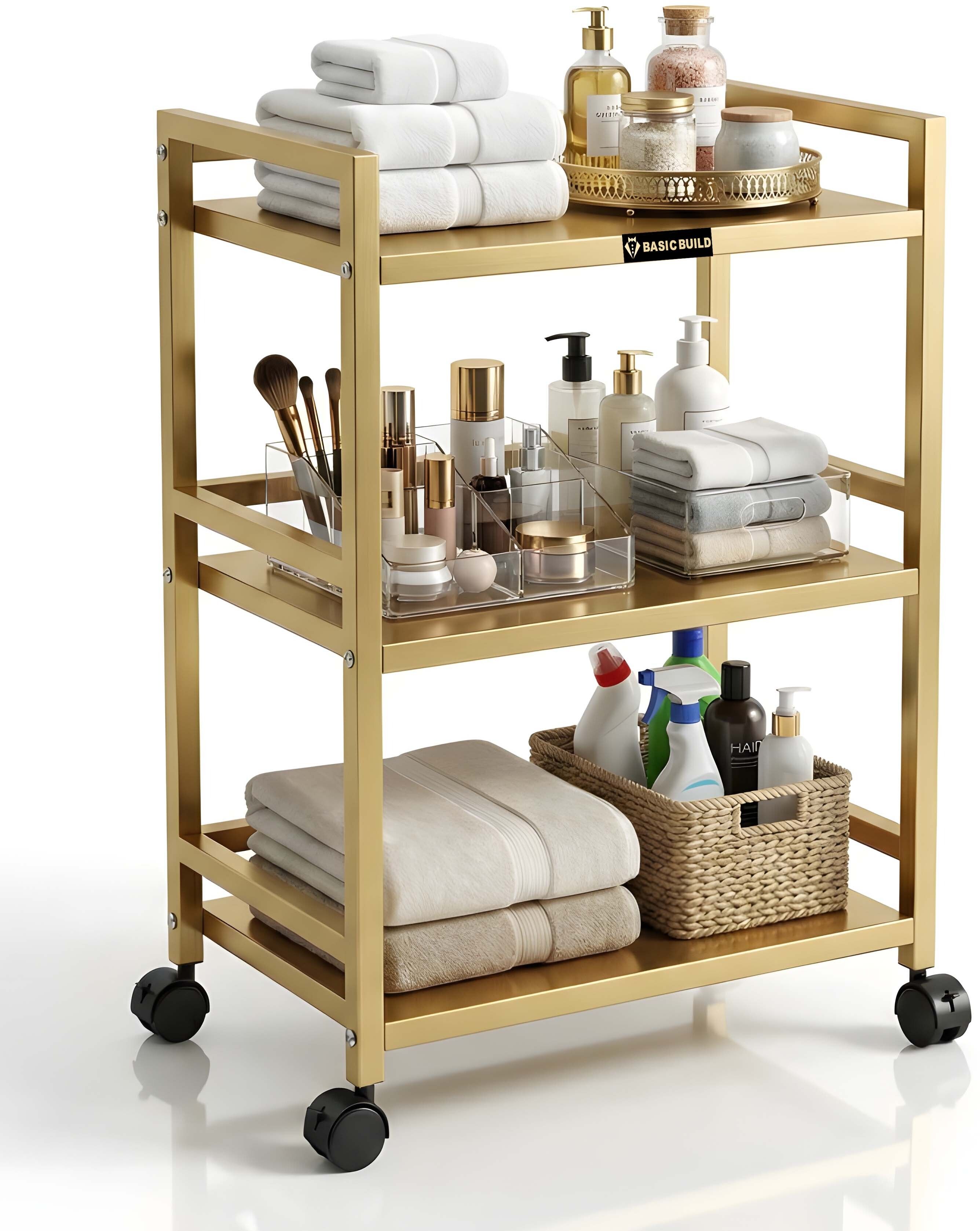 basic build Modern Gold Finish Utility Cart with Wheels | 3 Layer Metal Storage Organizer Iron Kitchen Trolley-picture-2