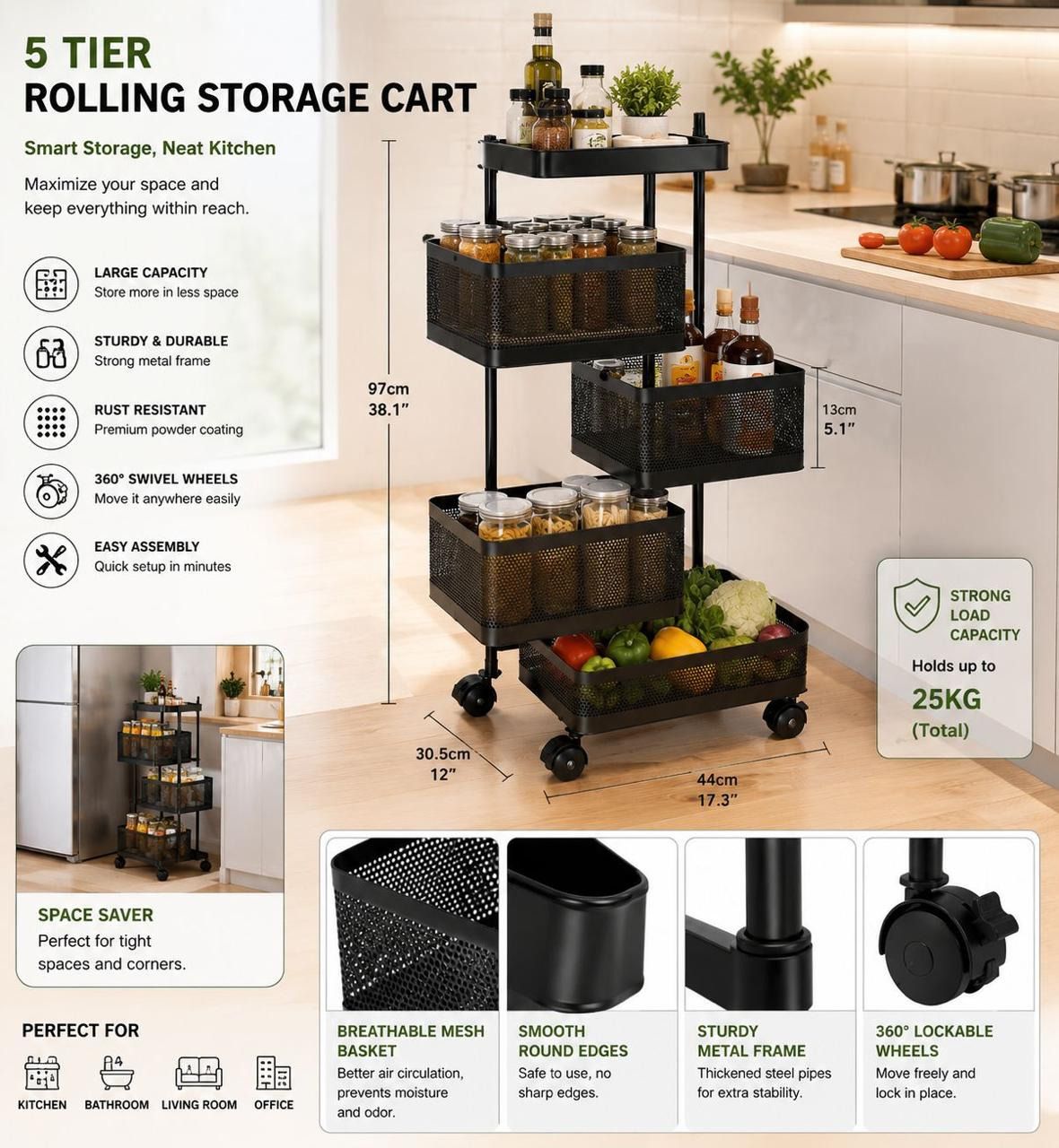 Kitchen Metal Basket Drawer,4 Tier Rolling Storage Cart Iron Kitchen Trolley-image-36