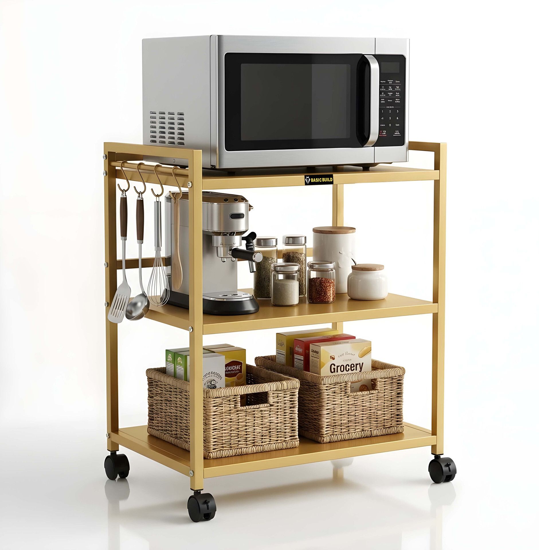 basic builds 3-Tier Rolling Kitchen Storage Rack with Hooks and Wheels Cast Iron Kitchen Trolley-picture-16
