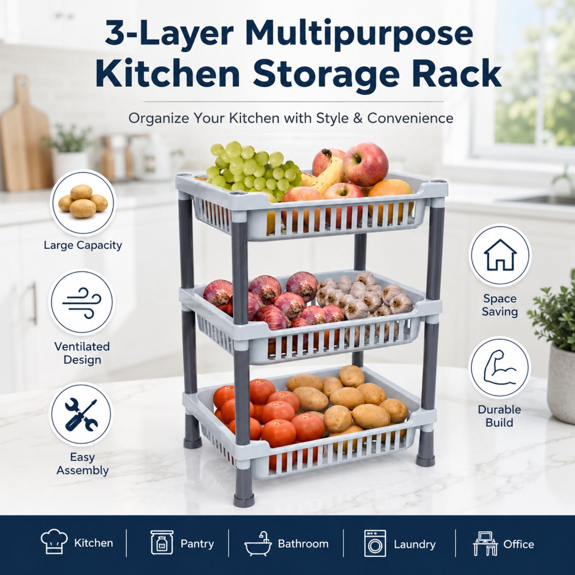 samans 3 LAYER VEGETABLE STORAGE RACK Plastic Kitchen Trolley-picture-19