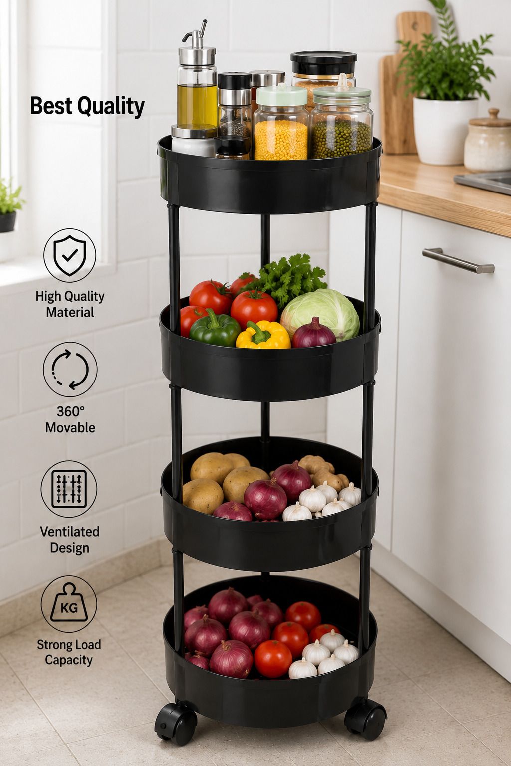 prikap enterprise 4-TIER MULTIPURPOSE ROUND KITCHEN TROLLEY |BATHROOM TROLLEY| BLACK Plastic Kitchen Trolley-picture-18