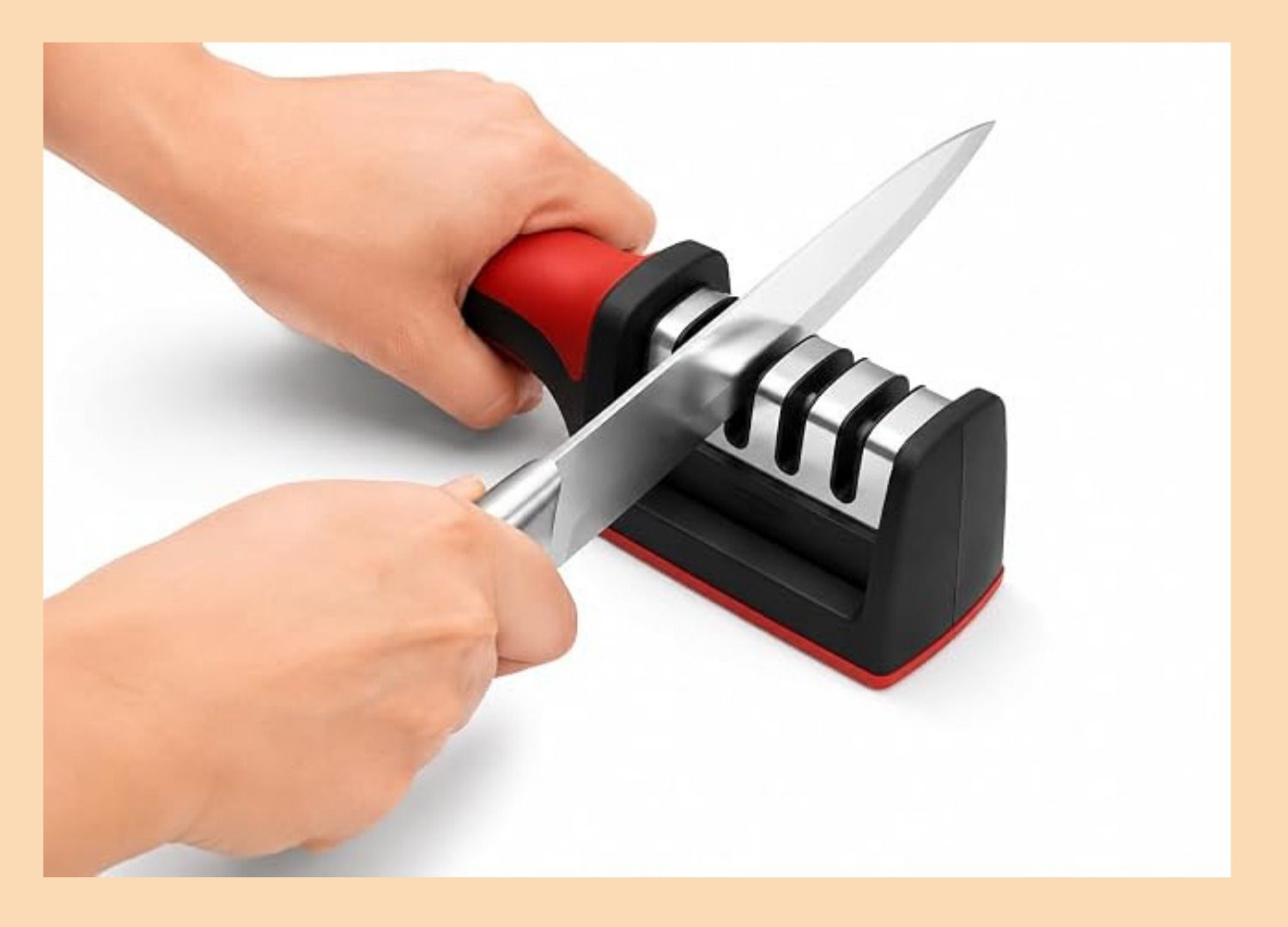 trends avenue Manual Knife Sharpener | 3 Stage Tool for Steel & Ceramic Knives | Black Red Knife Sharpening Steel-picture-25