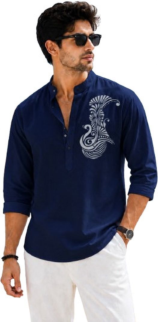 Printed Cotton Blend Straight Kurta for Men-image-43