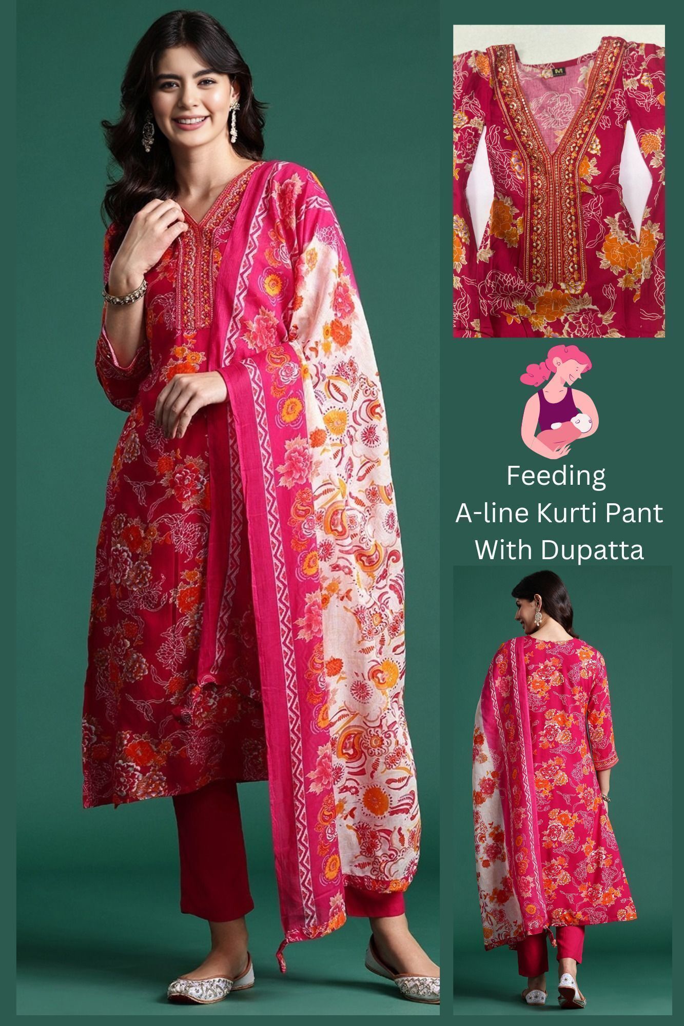 Women Floral Print Viscose Rayon A-line Kurta With Attached Dupatta-image-1