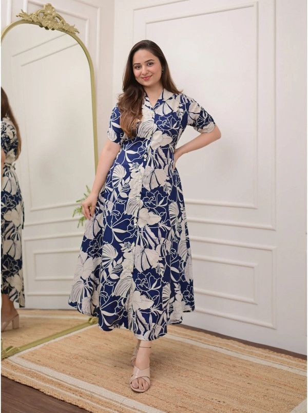Women Fit and Flare Blue Ankle Length Dress-image-13