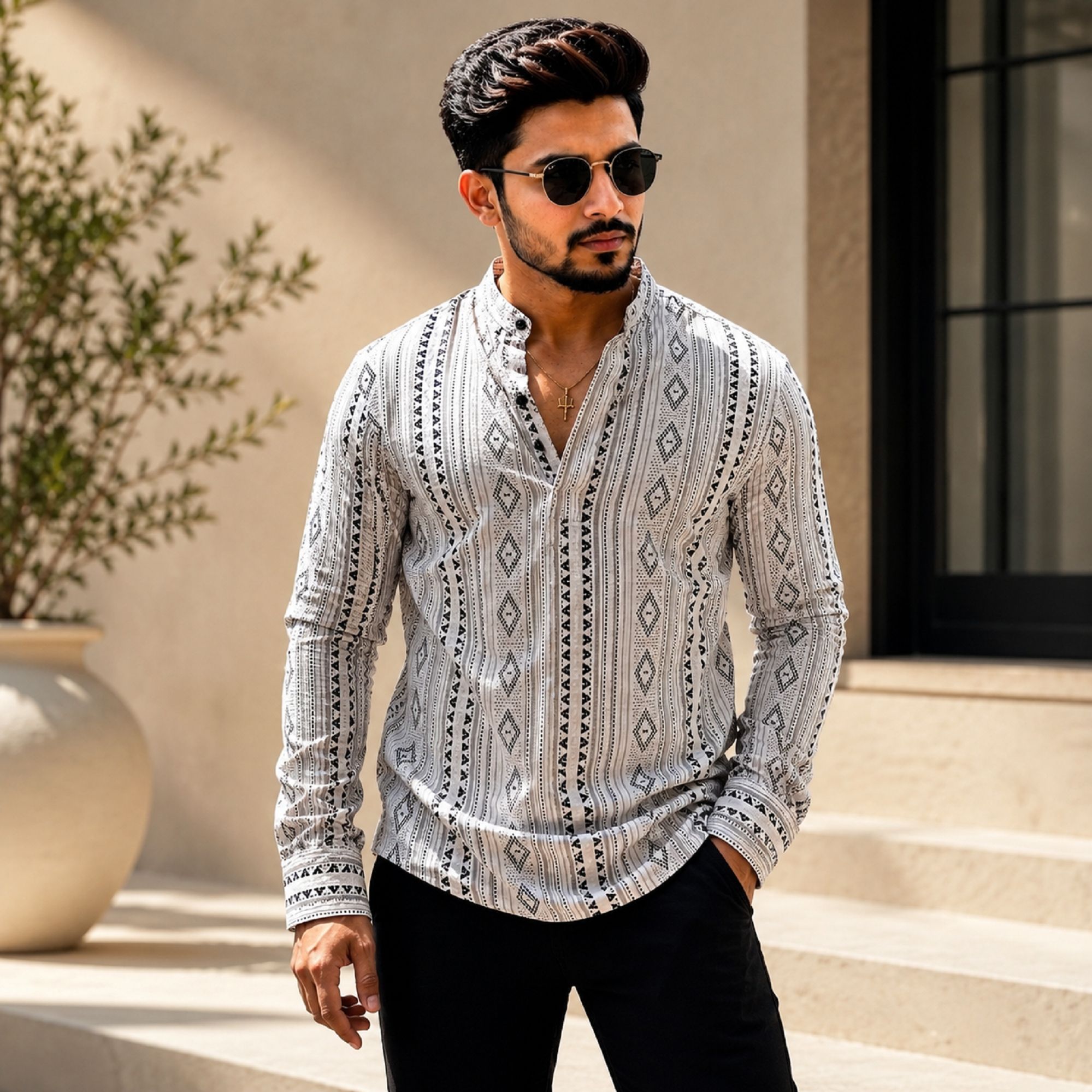 qshopq Printed Linen Blend Straight Kurta for Men-picture-17