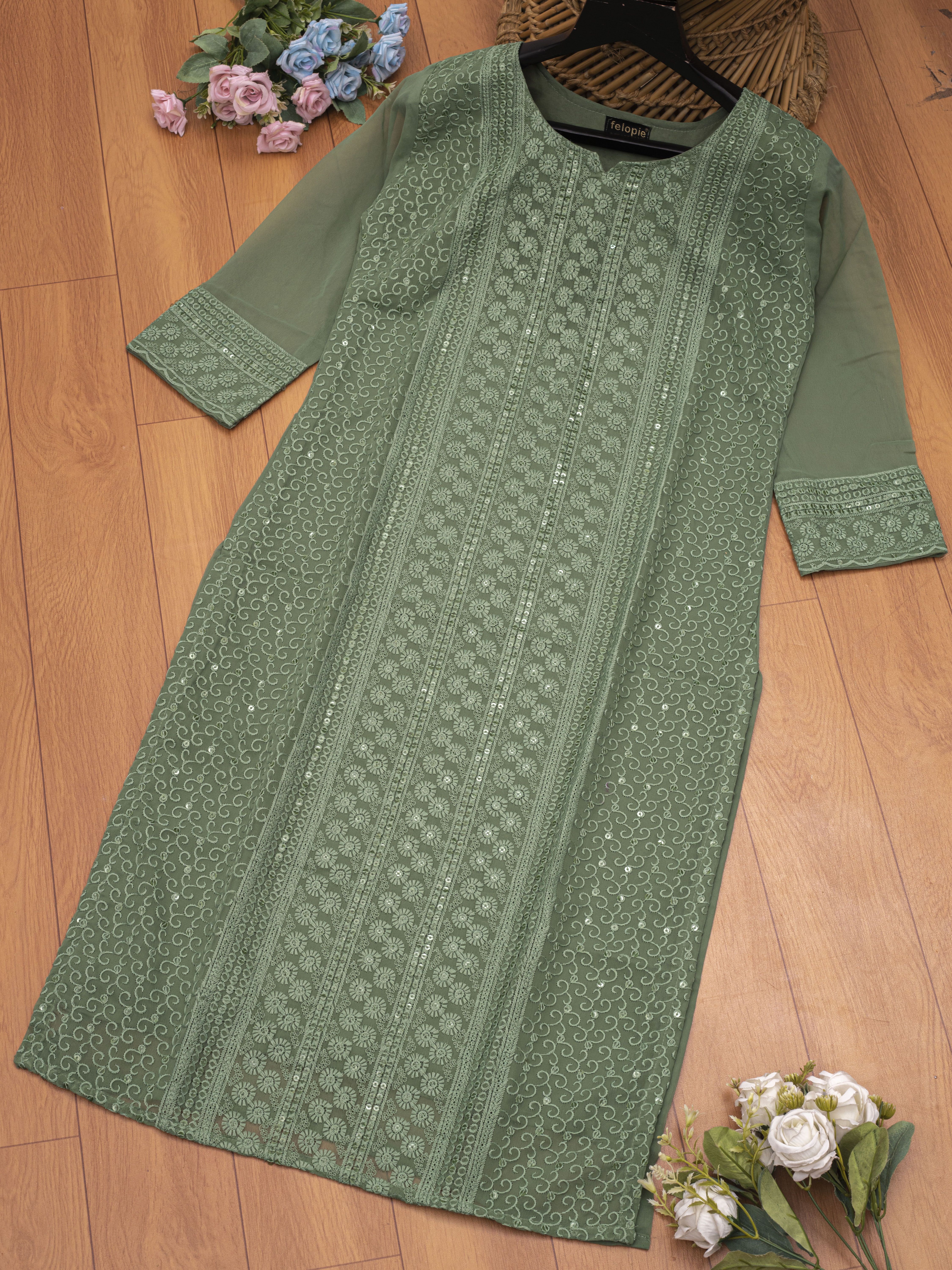 felopie Women Chikan Embroidery Georgette A-line Kurta-picture-12