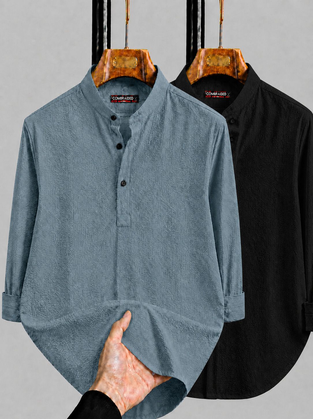 combraided Pack of 2 Self Design Cotton Blend Straight Kurta for Men-picture-11