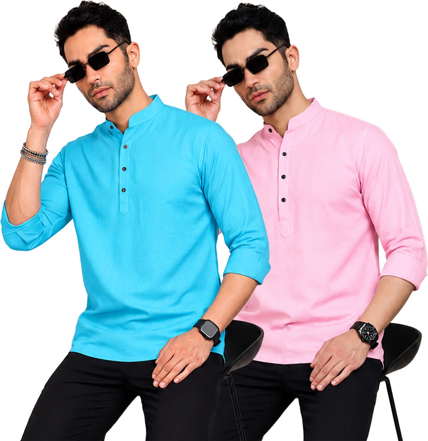 fashion marts Pack of 2 Self Design Cotton Blend Straight Kurta for Men-picture-34