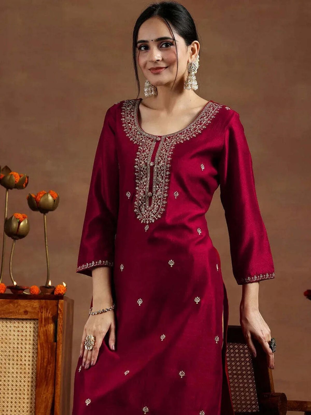 Embroidered Silk Blend A-line Kurta for Women-image-18