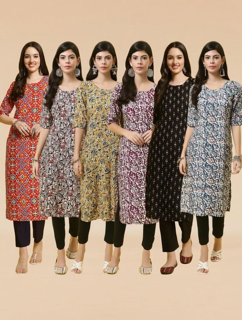 1 stop fashion Pack of 6 Printed Crepe Straight Kurta for Women-picture-13