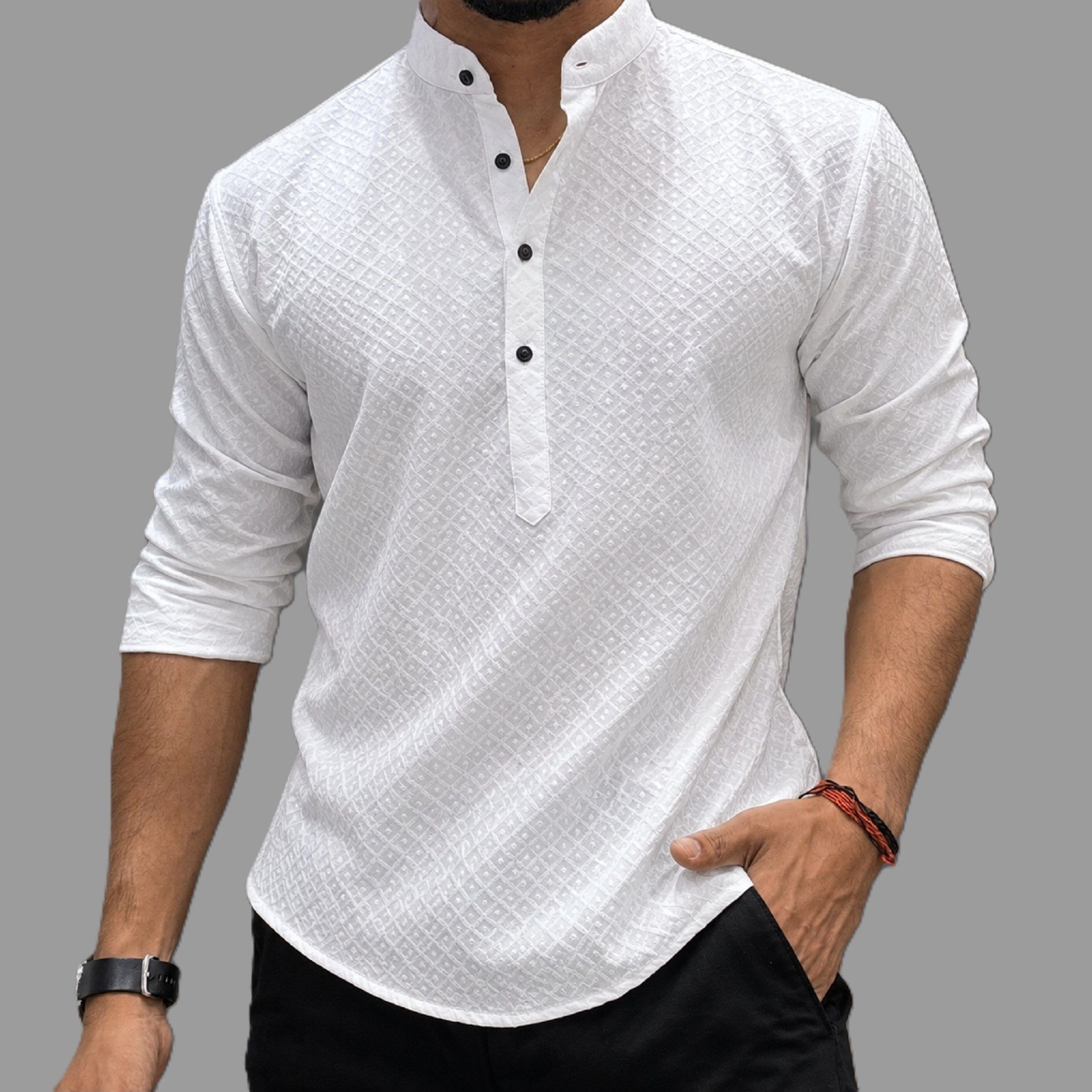 shoolin Self Design Cotton Blend Straight Kurta for Men-picture-34