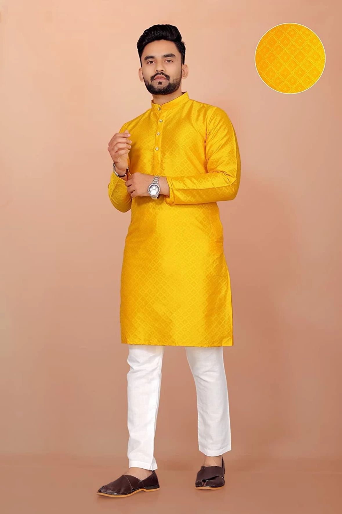 Solid Jacquard Straight Kurta for Men-image-6