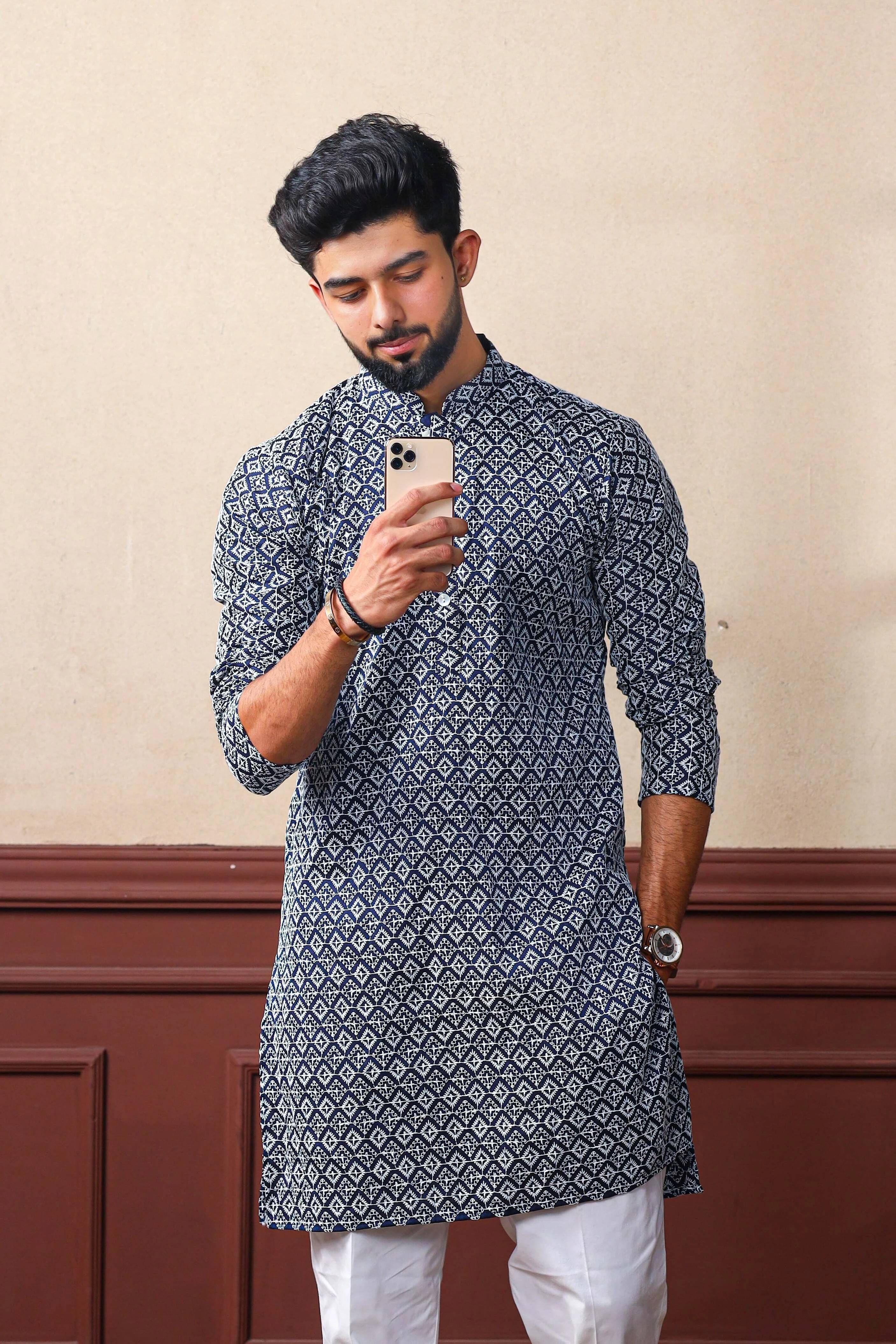 Men Printed Khadi Silk Straight Kurta