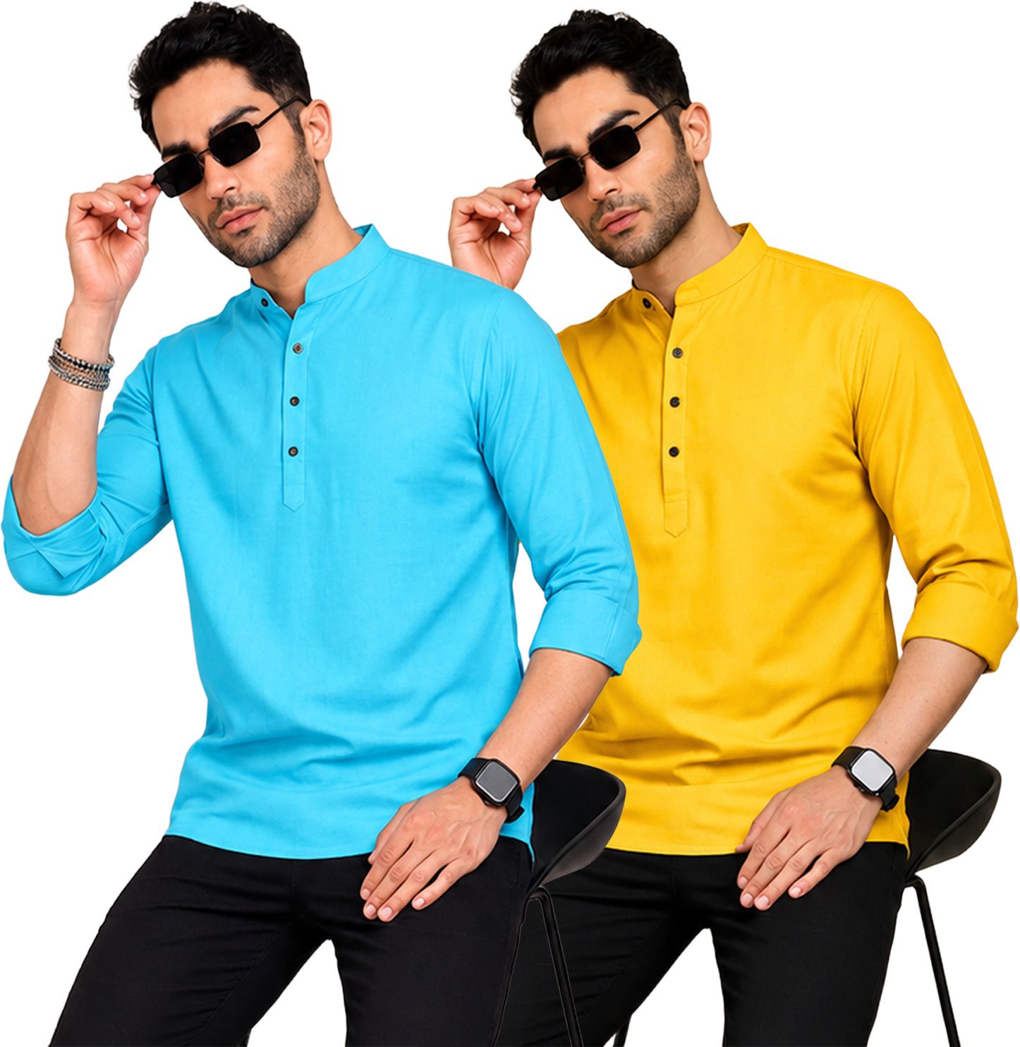 fashion marts Pack of 2 Self Design Cotton Blend Straight Kurta for Men-picture-40