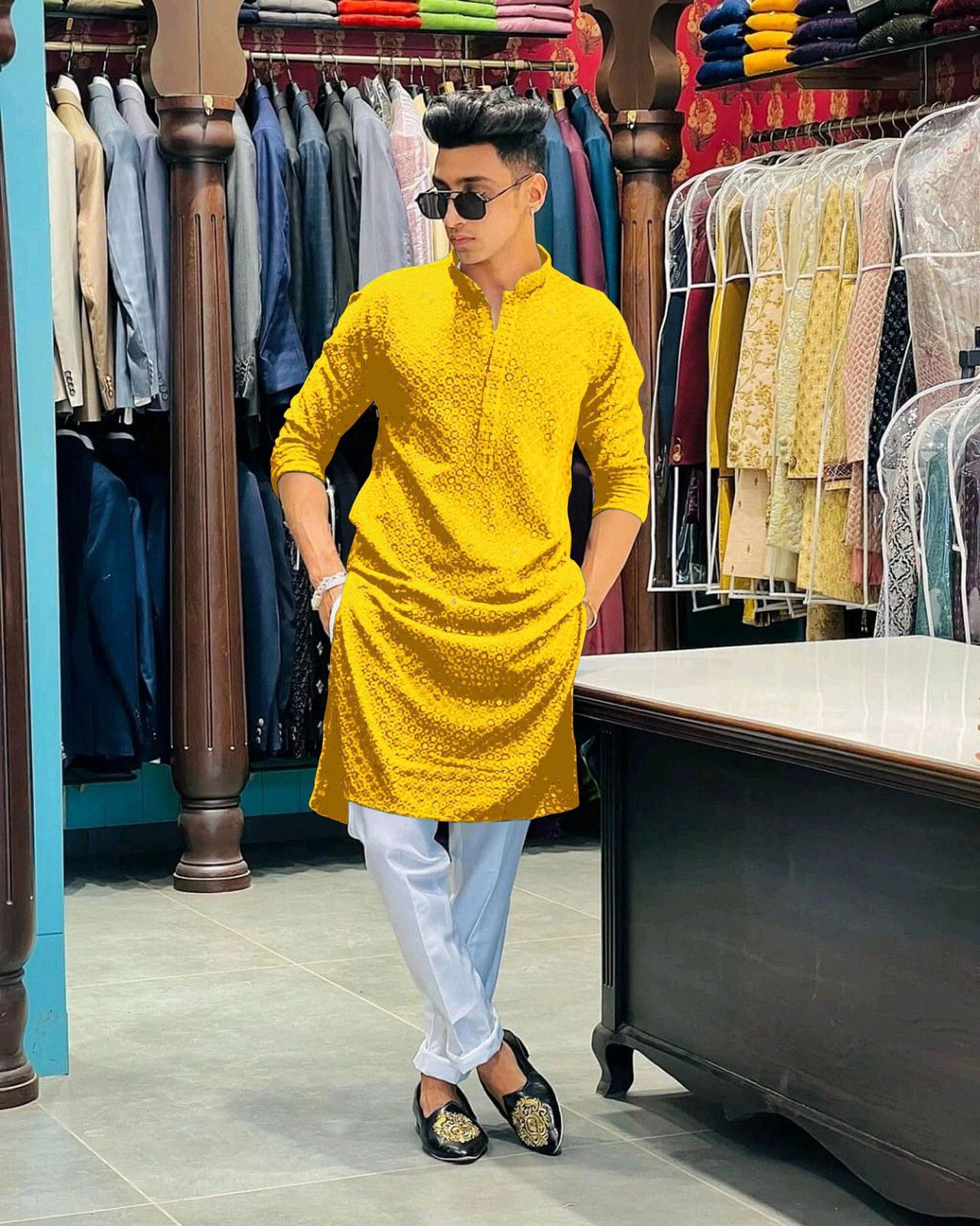 Men Chikan Embroidery Viscose Rayon Straight Kurta-image-3
