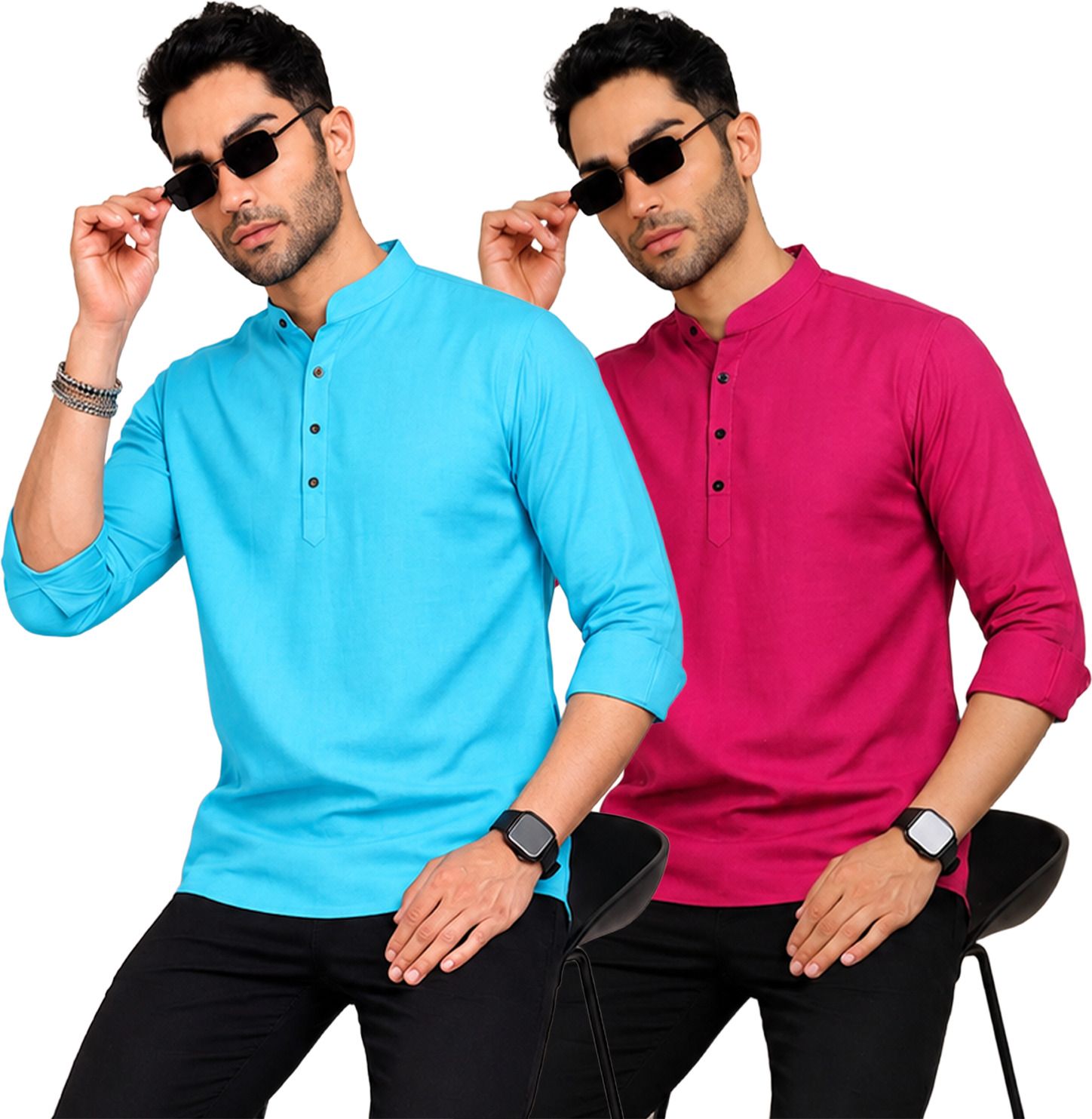 fashion marts Pack of 2 Self Design Cotton Blend Straight Kurta for Men-picture-20