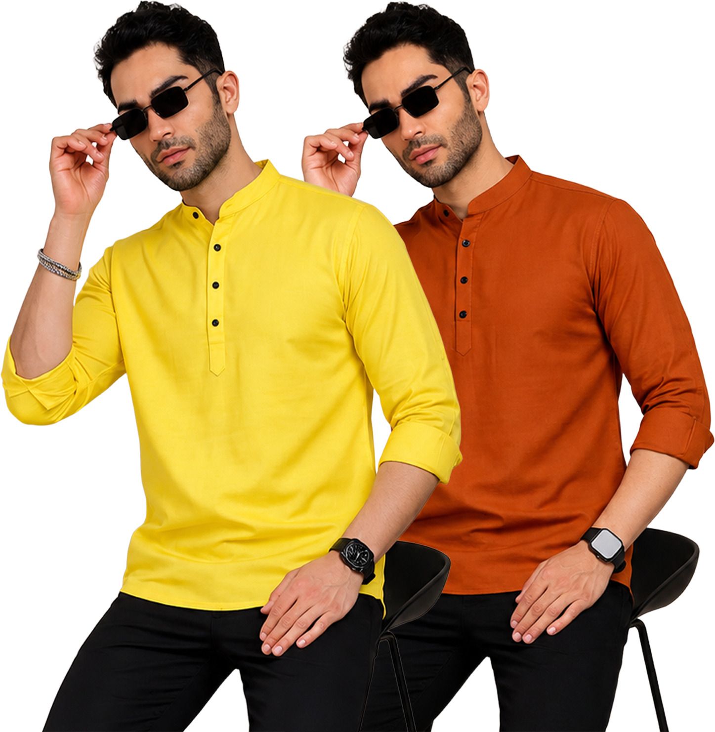 Pack of 2 Self Design Cotton Blend Straight Kurta for Men-image-3