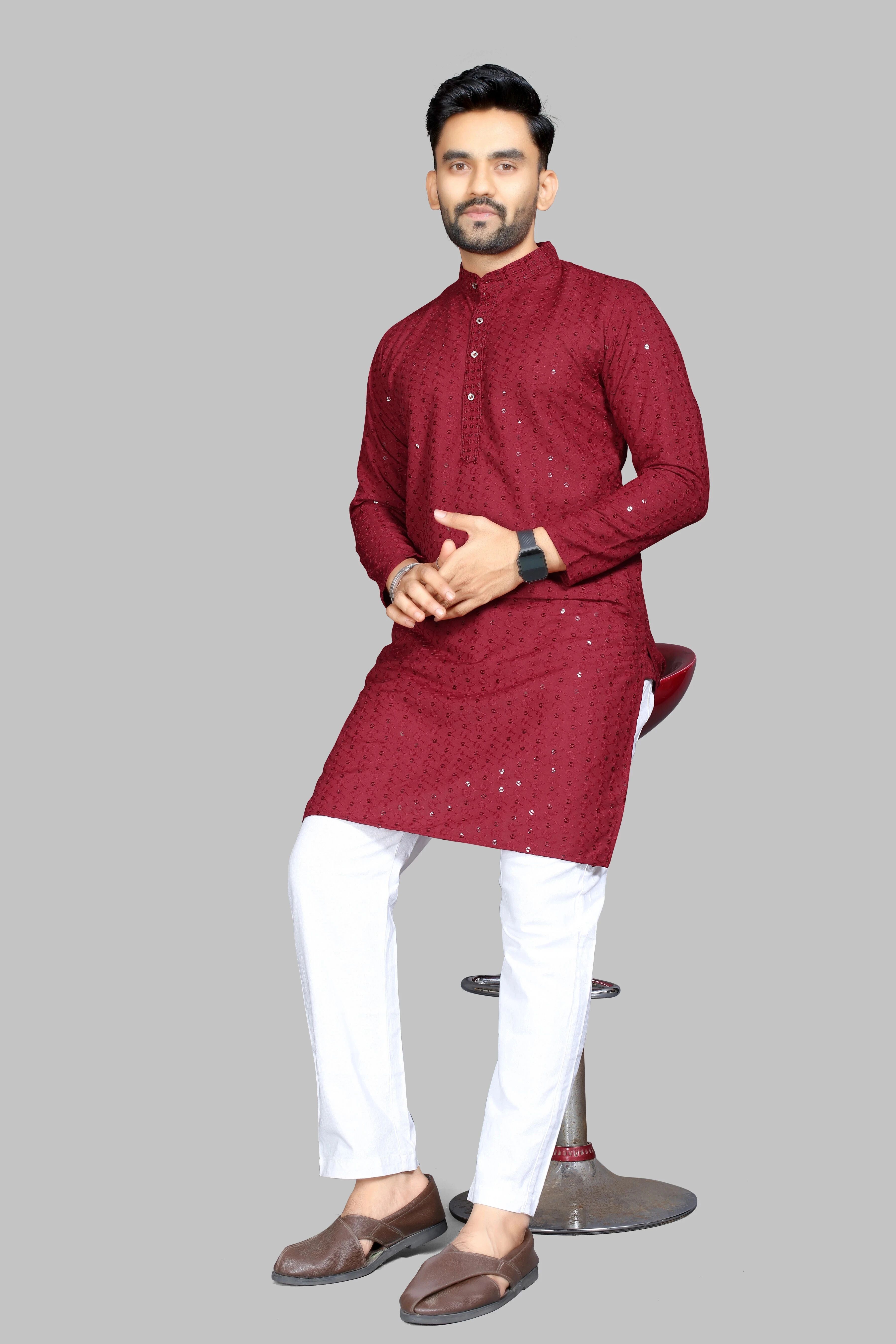 Embroidered Cotton Rayon Straight Kurta for Men-image-12