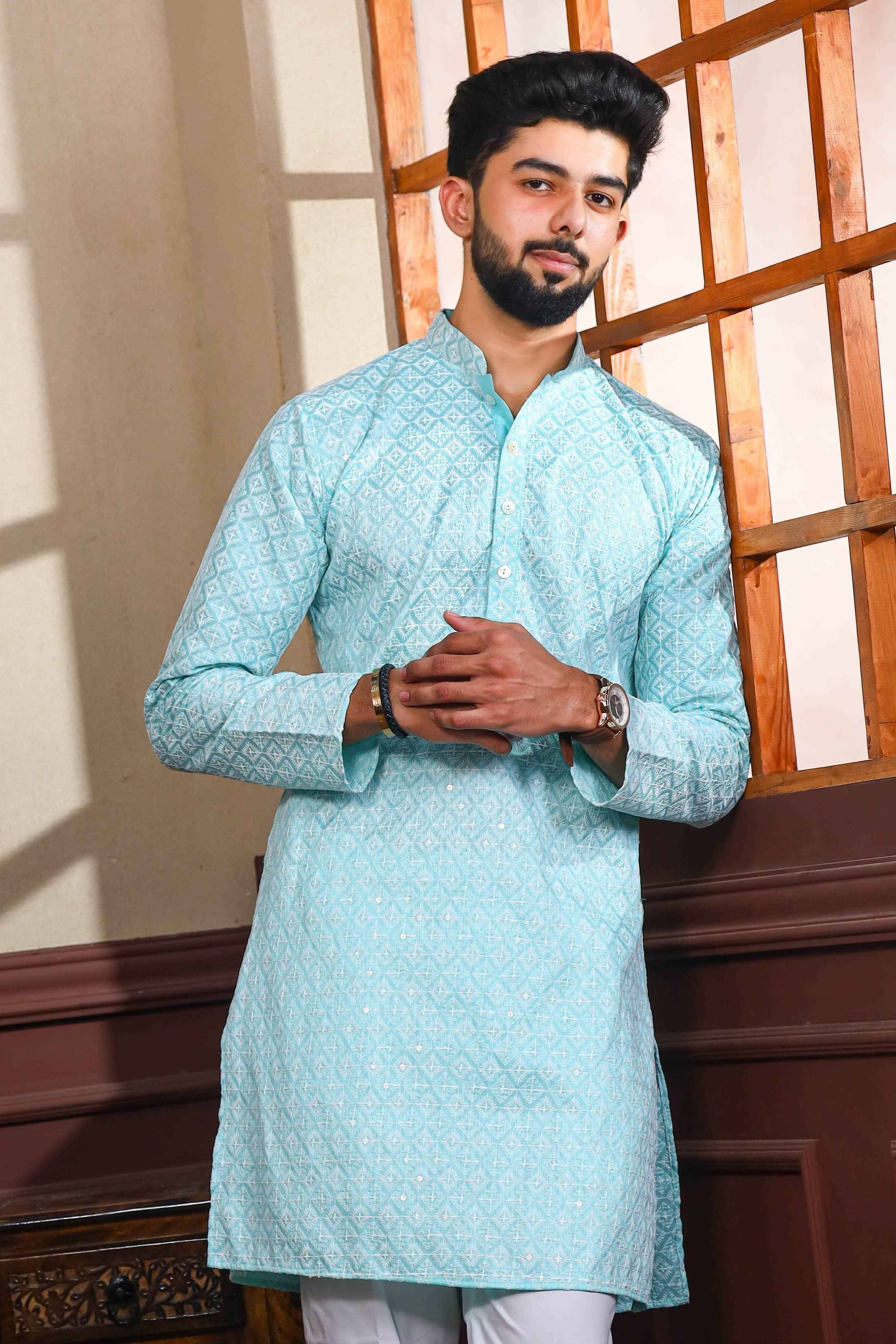 Men Embroidered Khadi Silk Straight Kurta
