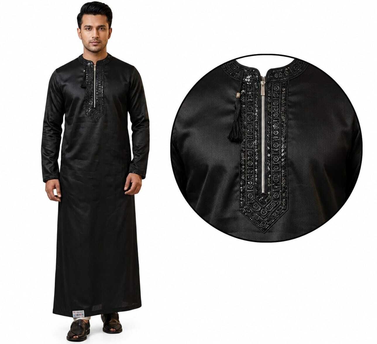 Embroidered, Embellished, Solid Satin Straight Kurta for Men-image-47