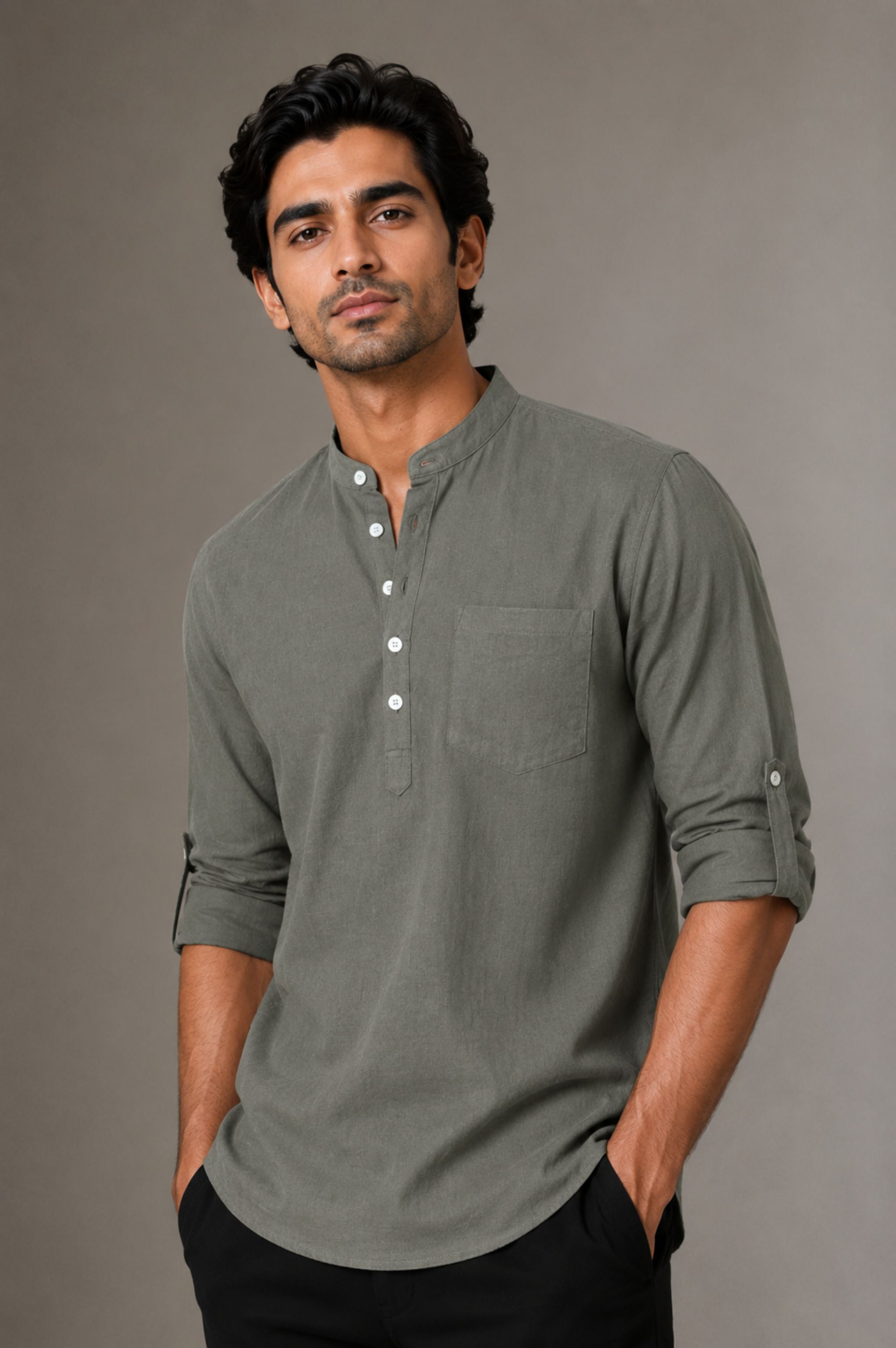 qashida Solid Cotton Linen Straight Kurta for Men-picture-27