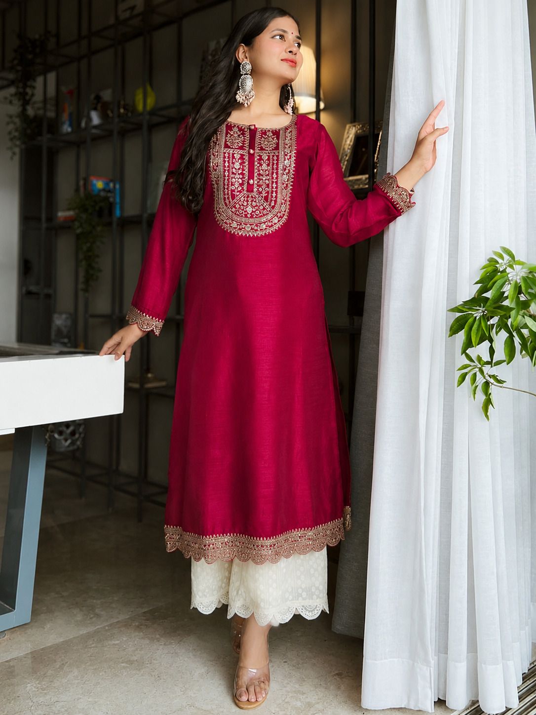 Embroidered Silk Blend A-line Kurta for Women-image-4