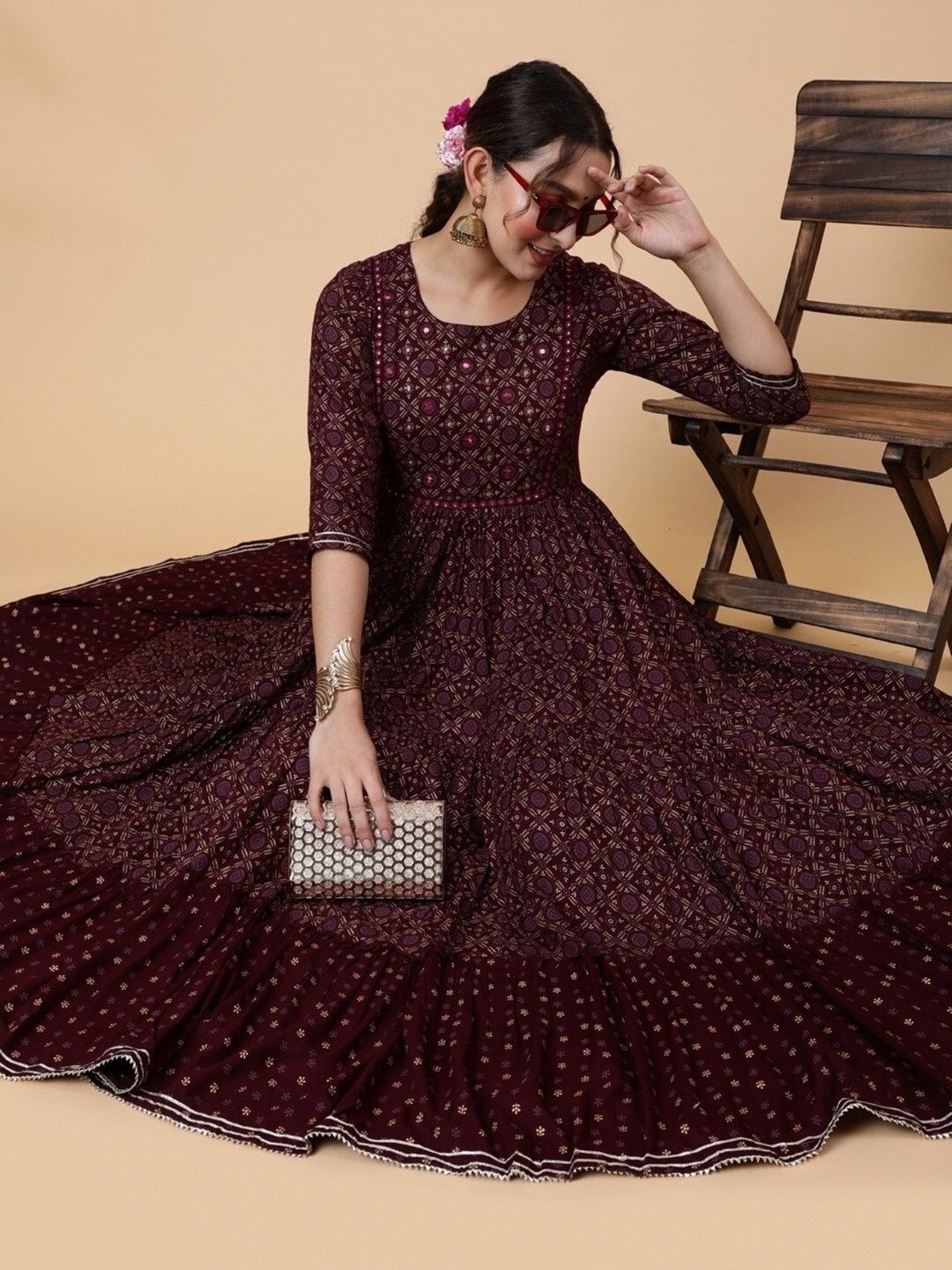 Women Gathered Maroon Below Knee Dress-image-15